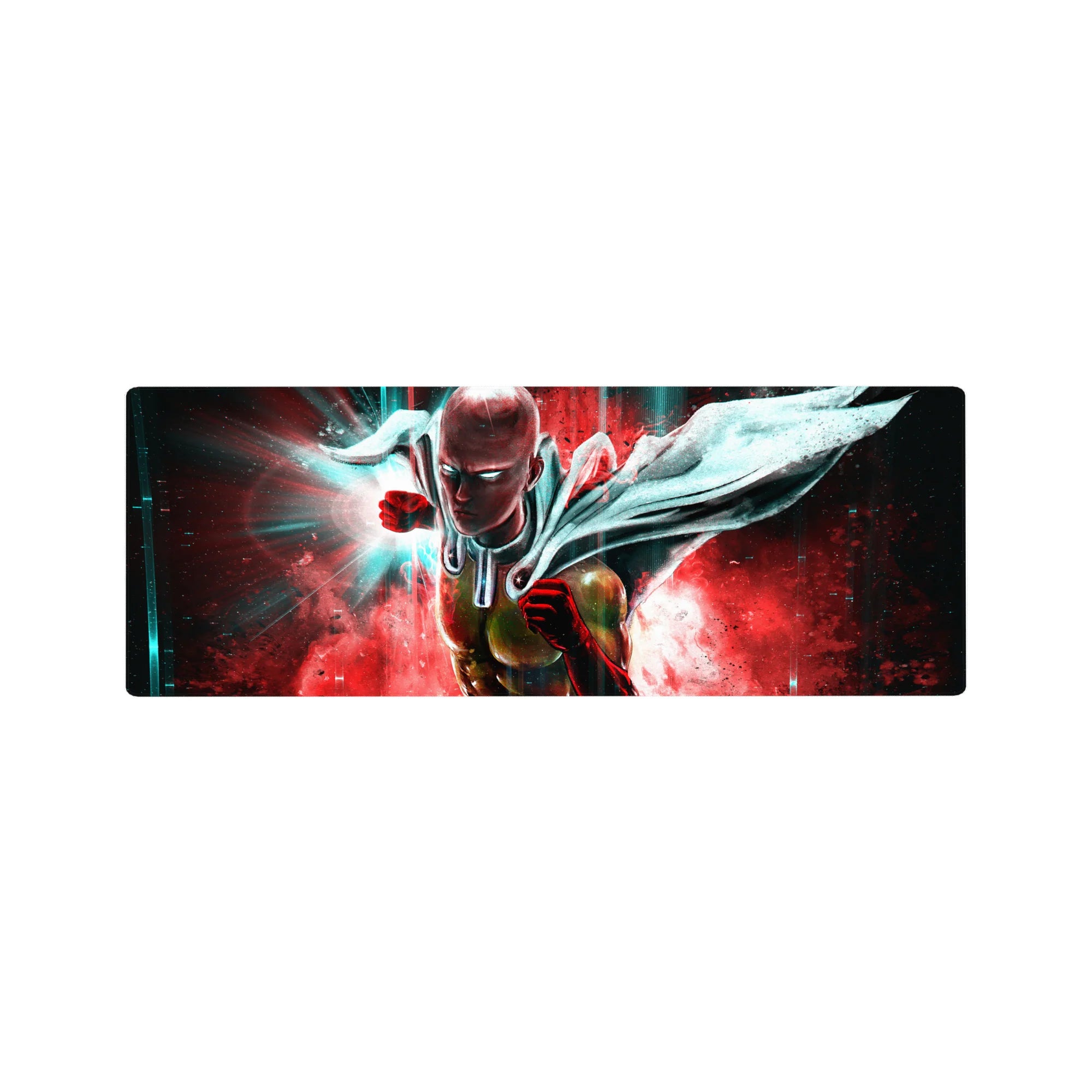 32x12 inches anime mouse pad with hero punch pose, yellow suit, red gloves, dynamic cape and streaks.
