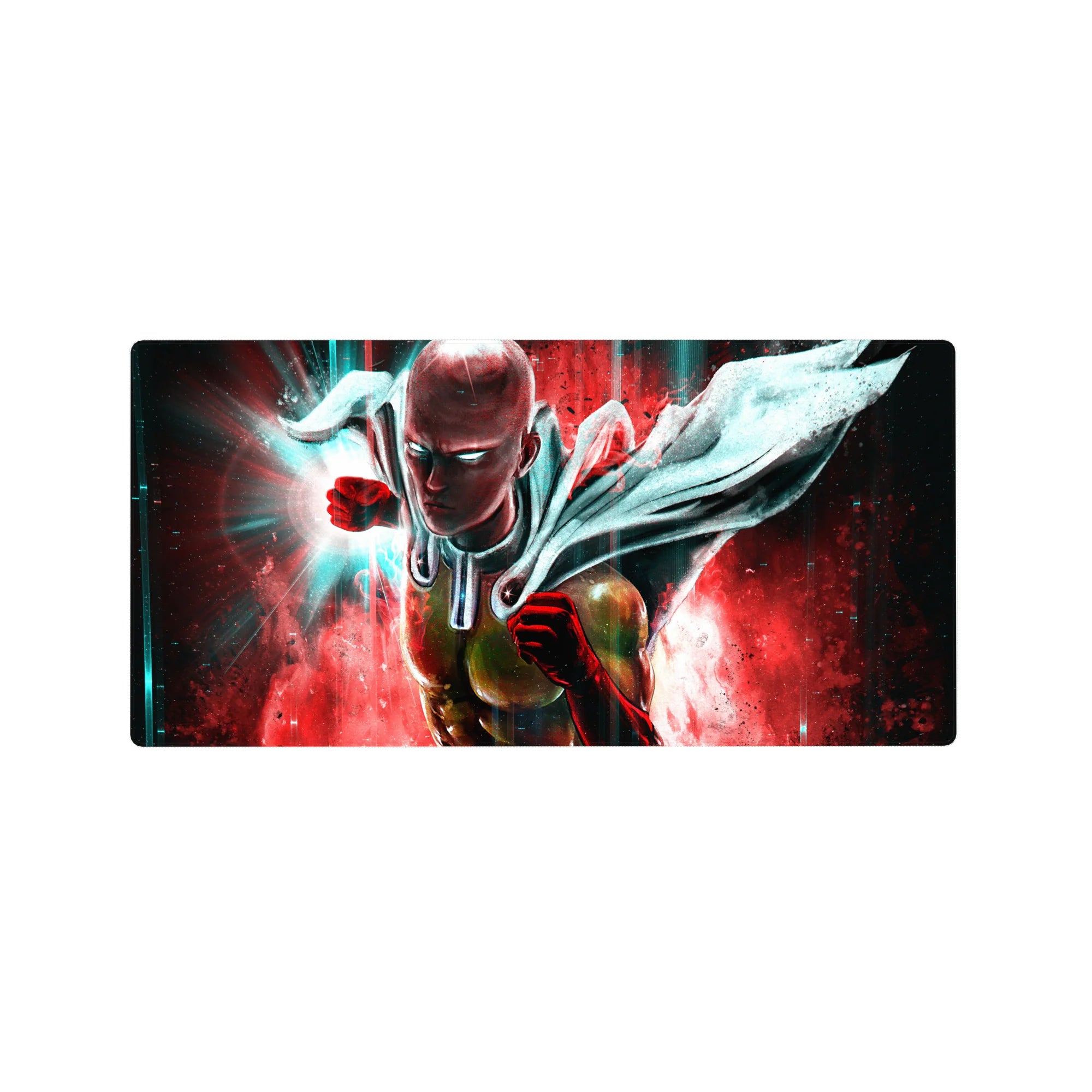 32x16 inches anime mouse pad with Saitama punch pose, yellow suit, red gloves, teal streaks, red backdrop.
