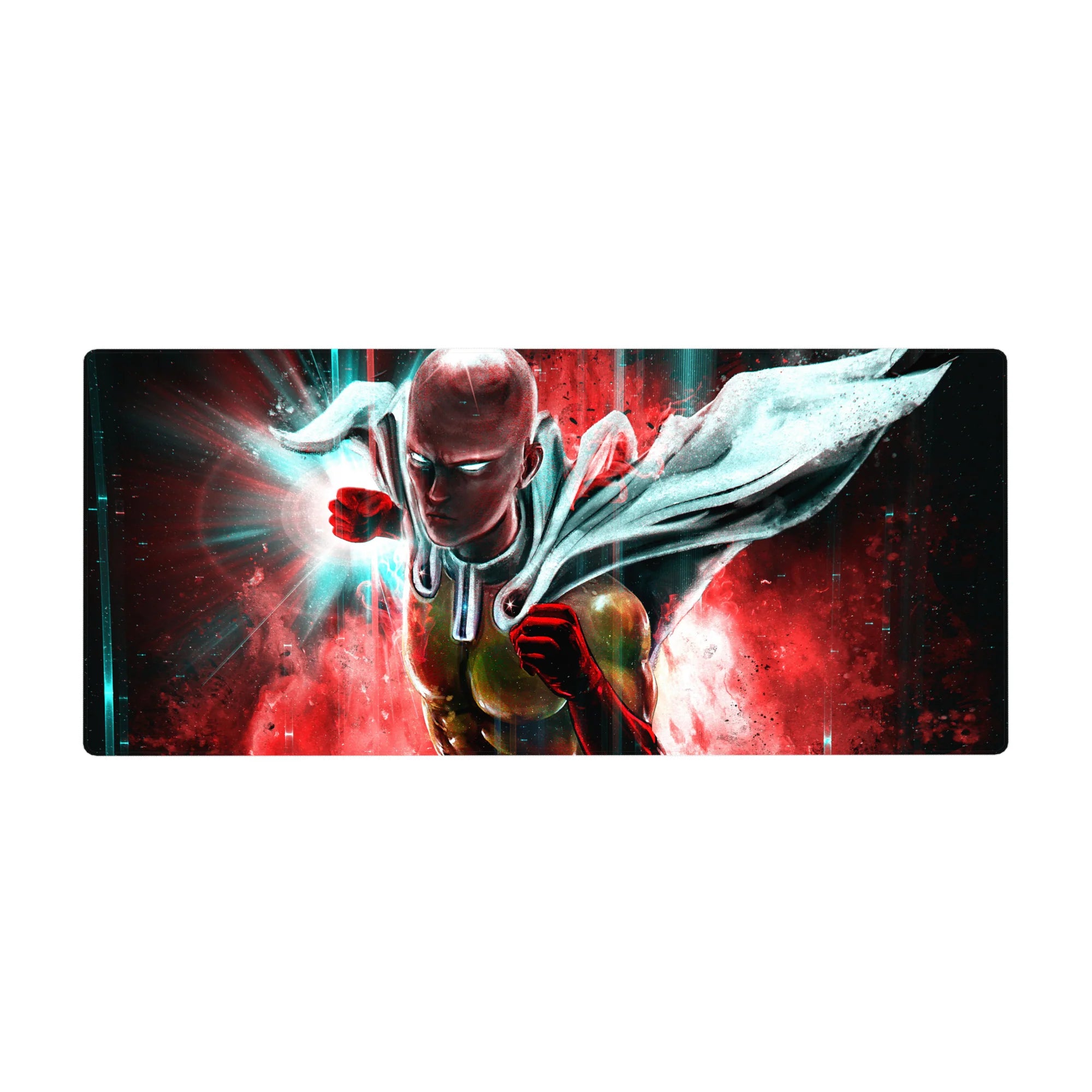 36x16 inches anime desk pad with Saitama punch pose, yellow suit, red gloves, teal streaks on crimson.