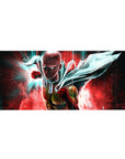 36x16 inches anime desk pad with Saitama punch pose, yellow suit, red gloves, teal streaks on crimson.