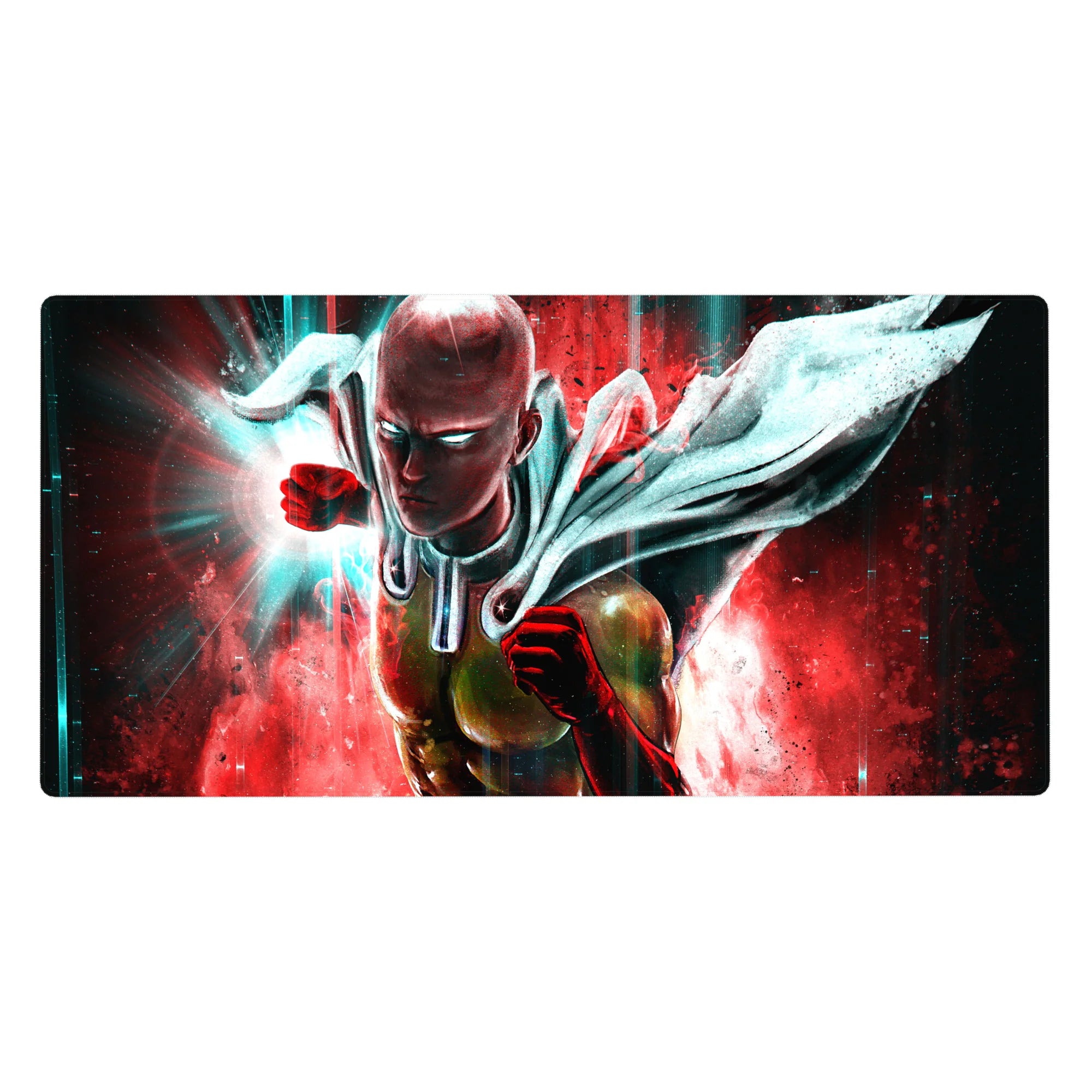 40x20 inches anime desk pad with hero punch pose, yellow suit, red gloves, and dynamic teal streaks.