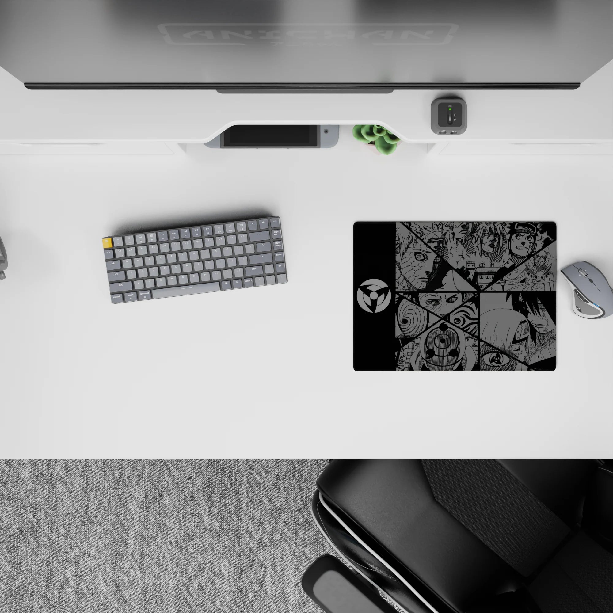 Black and steel-gray 14x10 inches anime mouse pad with dark Akatsuki vibe, masks, and tense swirl.