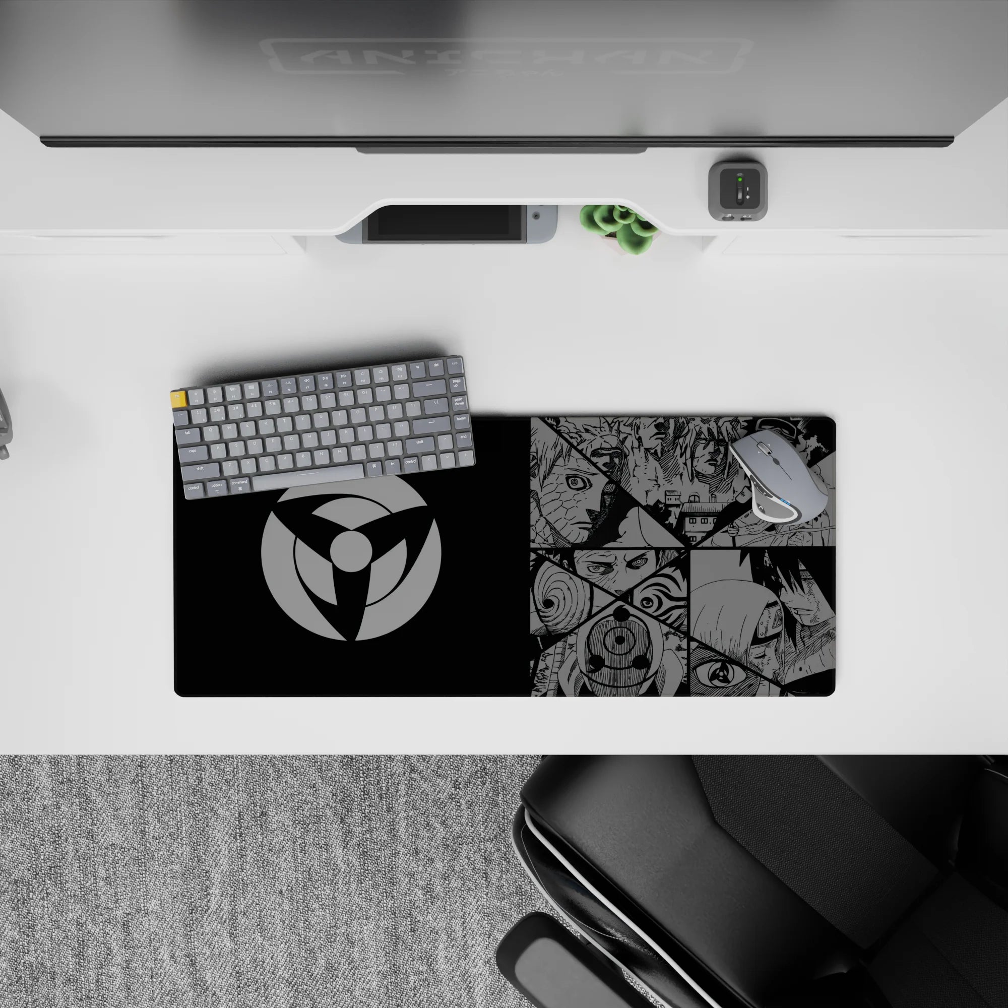 28x12 inches black and steel-gray anime mouse pad with dark Akatsuki vibe and crisp manga panel look.