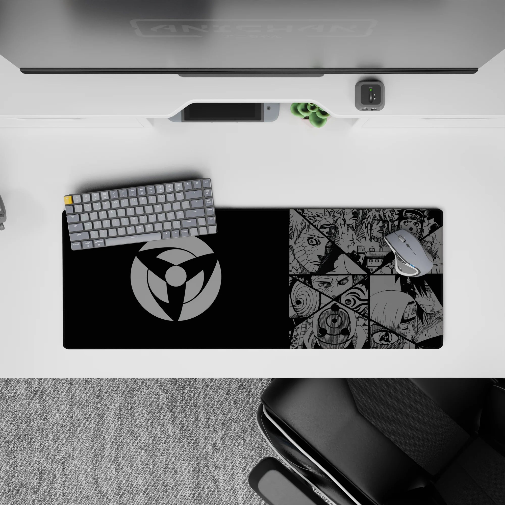 Black and steel-gray Akatsuki vibe anime mouse pad 32x12 inches, crisp panels, bold yet clean look.