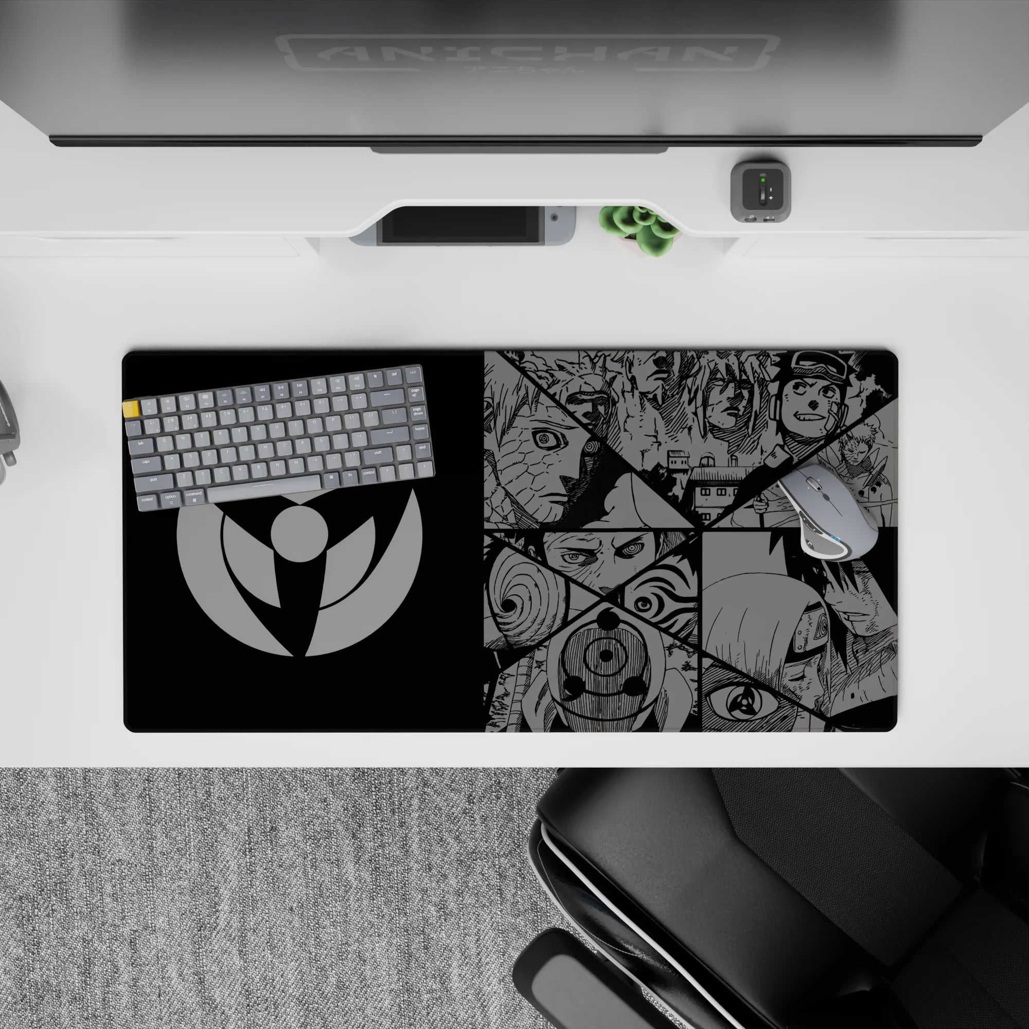 32x16 inches black and steel-gray Naruto mouse pad, crisp manga strip layout with tense late-night mission mood.