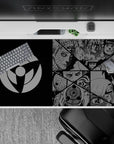 40x20 inches anime desk pad in crisp black and steel-gray, dark Akatsuki mood with clean bold panel art.