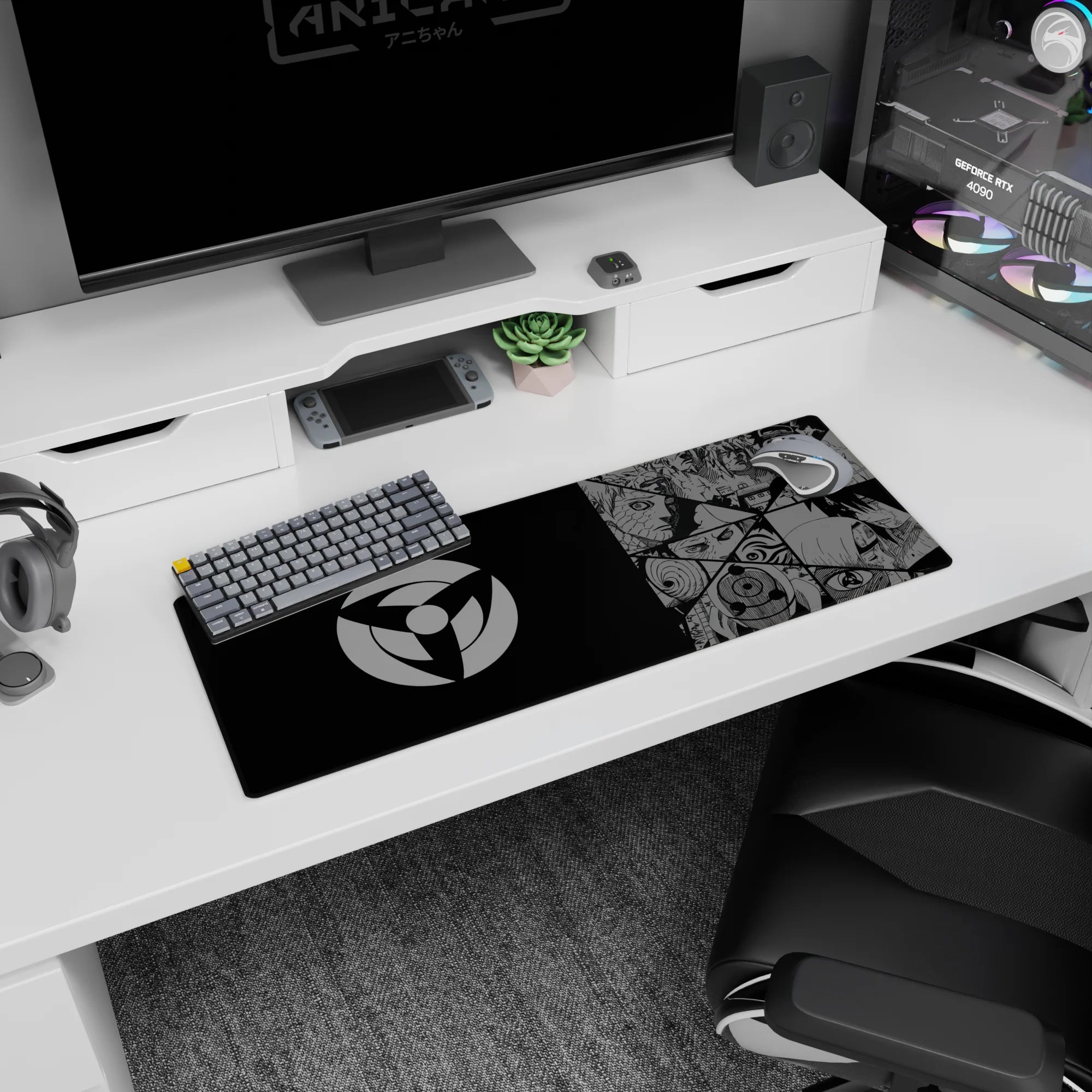 Obito, Kakashi, Itachi, and Sasuke staring in manga-style panels on anime mouse pad 32x12 inches.