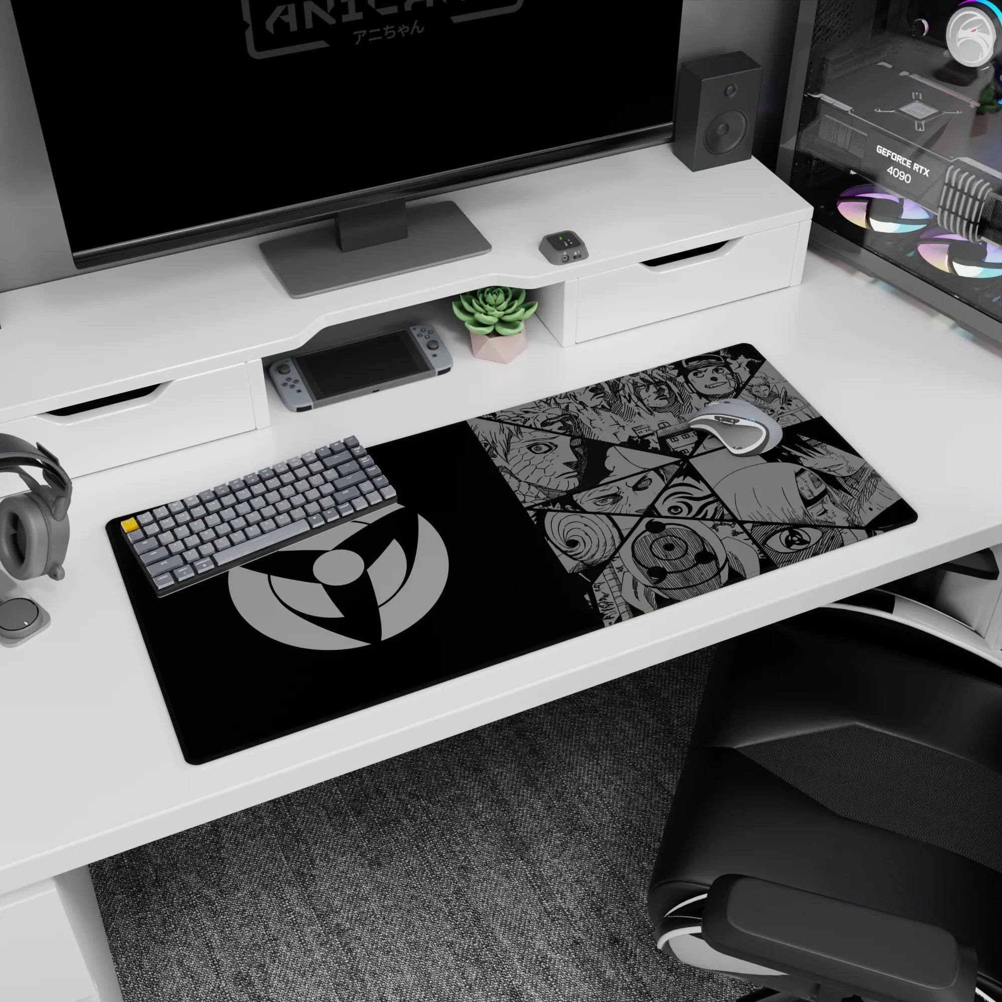 Obito, Kakashi, Itachi and Sasuke anime desk pad 36x16 inches, staring from bold manga panels.