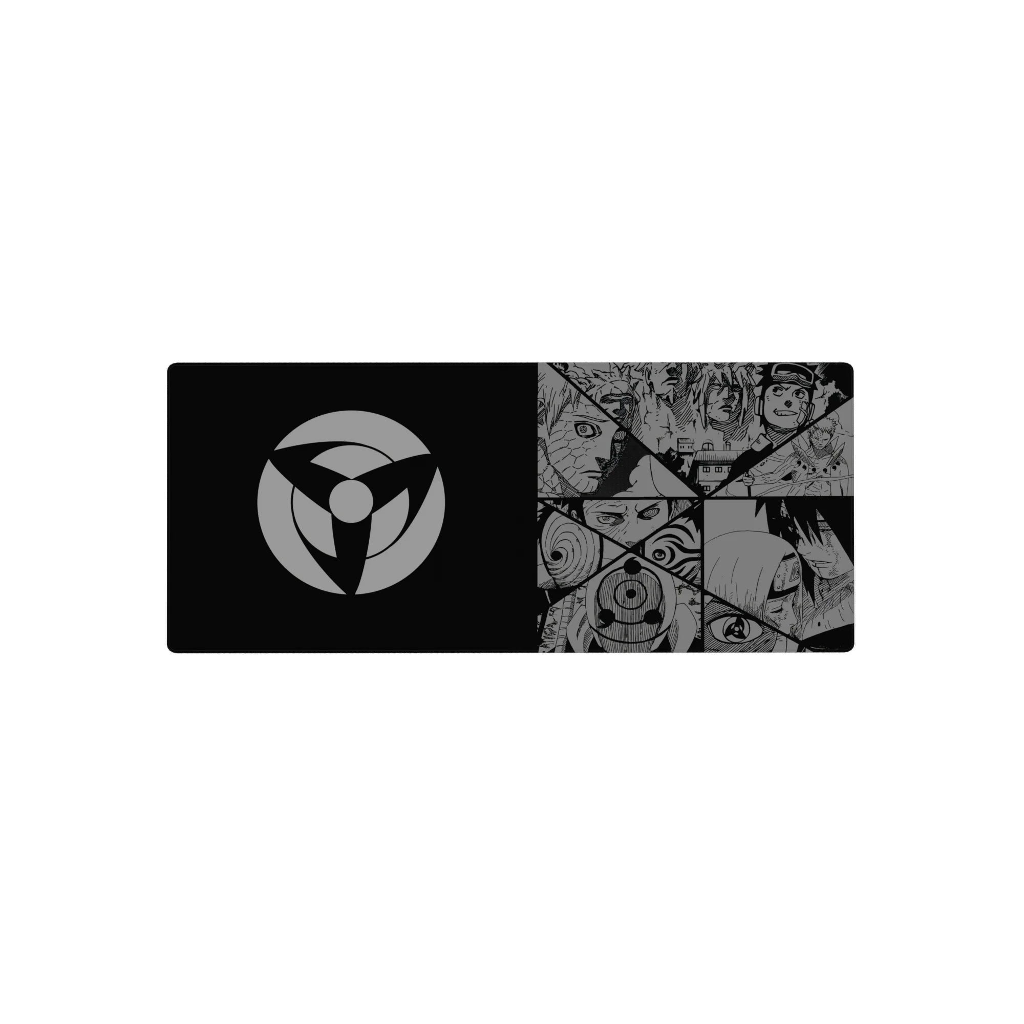 28x12 inches anime mouse pad with Naruto-style manga panels, Sharingan eyes, masks, and Uchiha art.
