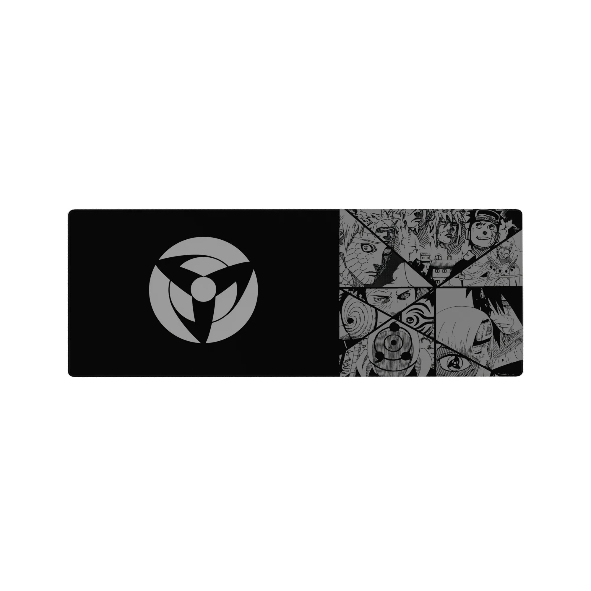 Naruto Shippuden anime mouse pad 32x12 inches with manga panels, Sharingan eyes, masks, and swirl.
