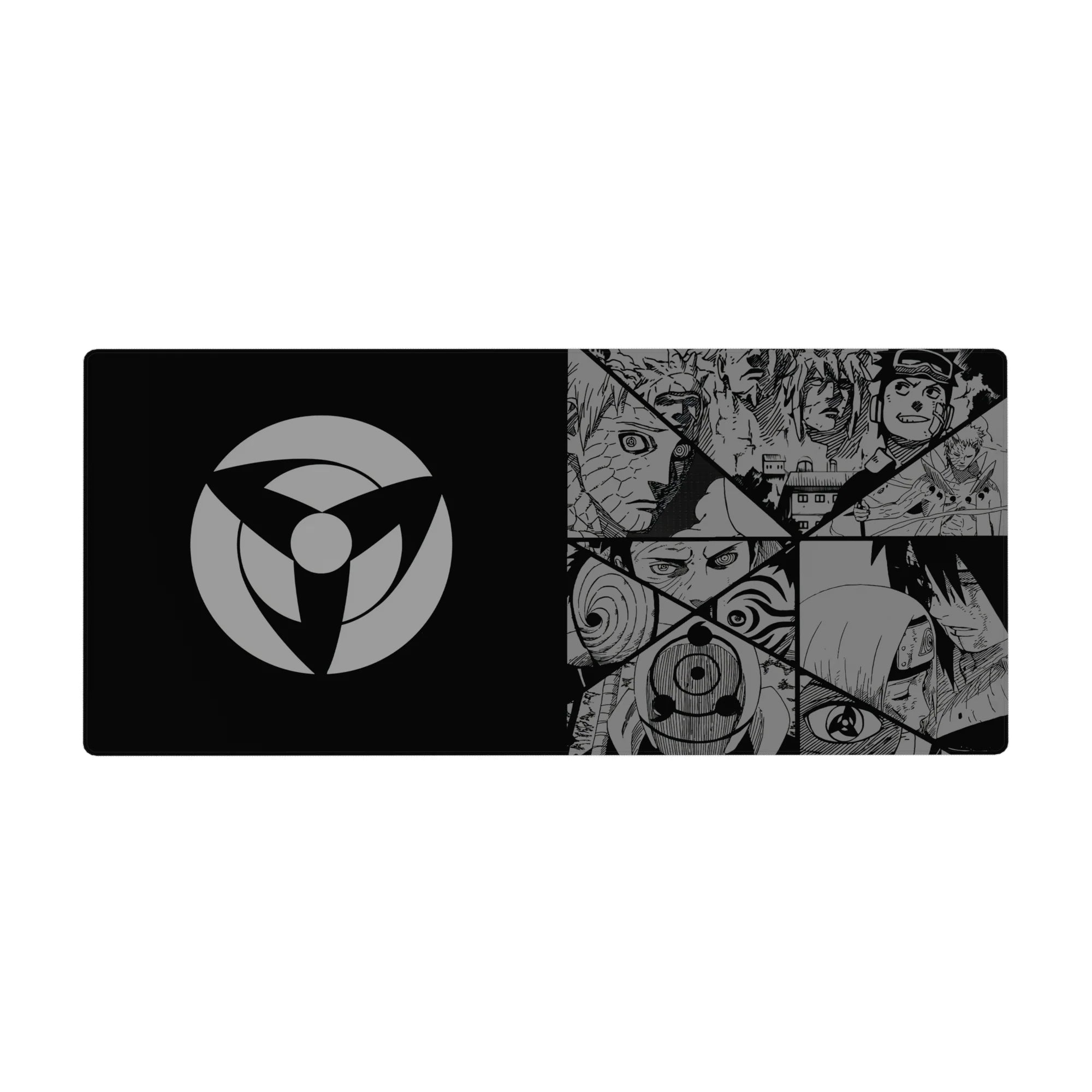 Naruto Shippuden anime desk pad 36x16 inches with manga panels, Sharingan eyes, masks, and Akatsuki vibe.