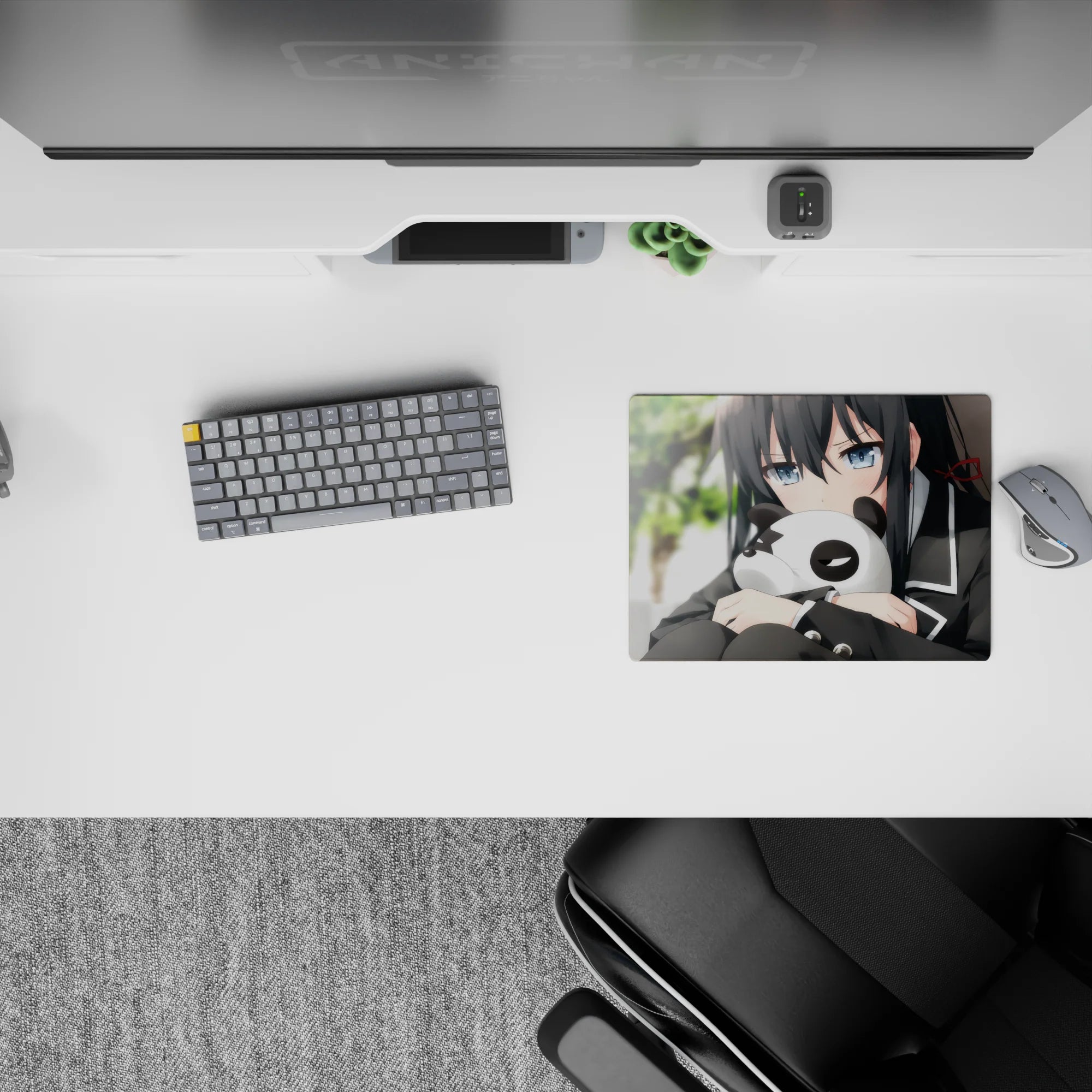 Cozy blue-gray eyed anime girl mouse pad 14x10 inches with calm green background and soft shading.
