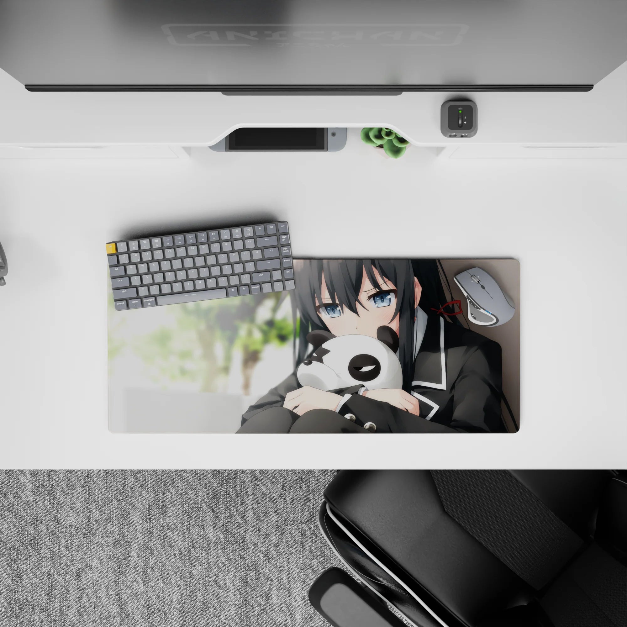 28x12 inches anime girl mouse pad in cozy green tones, soft shading, moody late-night desk aesthetic.