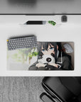 28x12 inches anime girl mouse pad in cozy green tones, soft shading, moody late-night desk aesthetic.