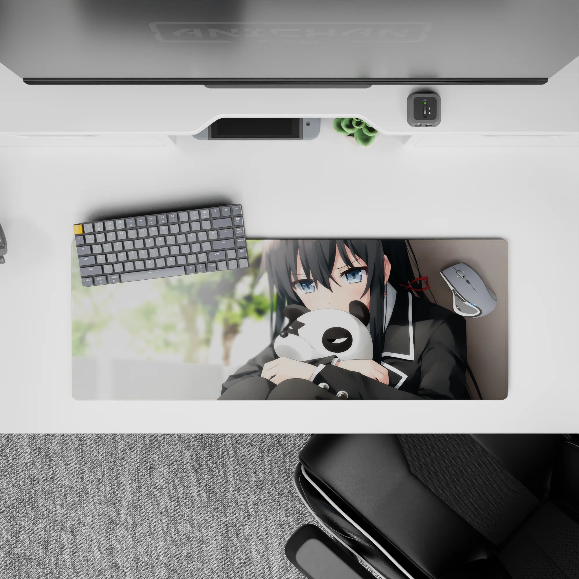 Cozy green-toned anime girl mouse pad 32x12 inches with soft shading, moody vibe, and glossy eyes.