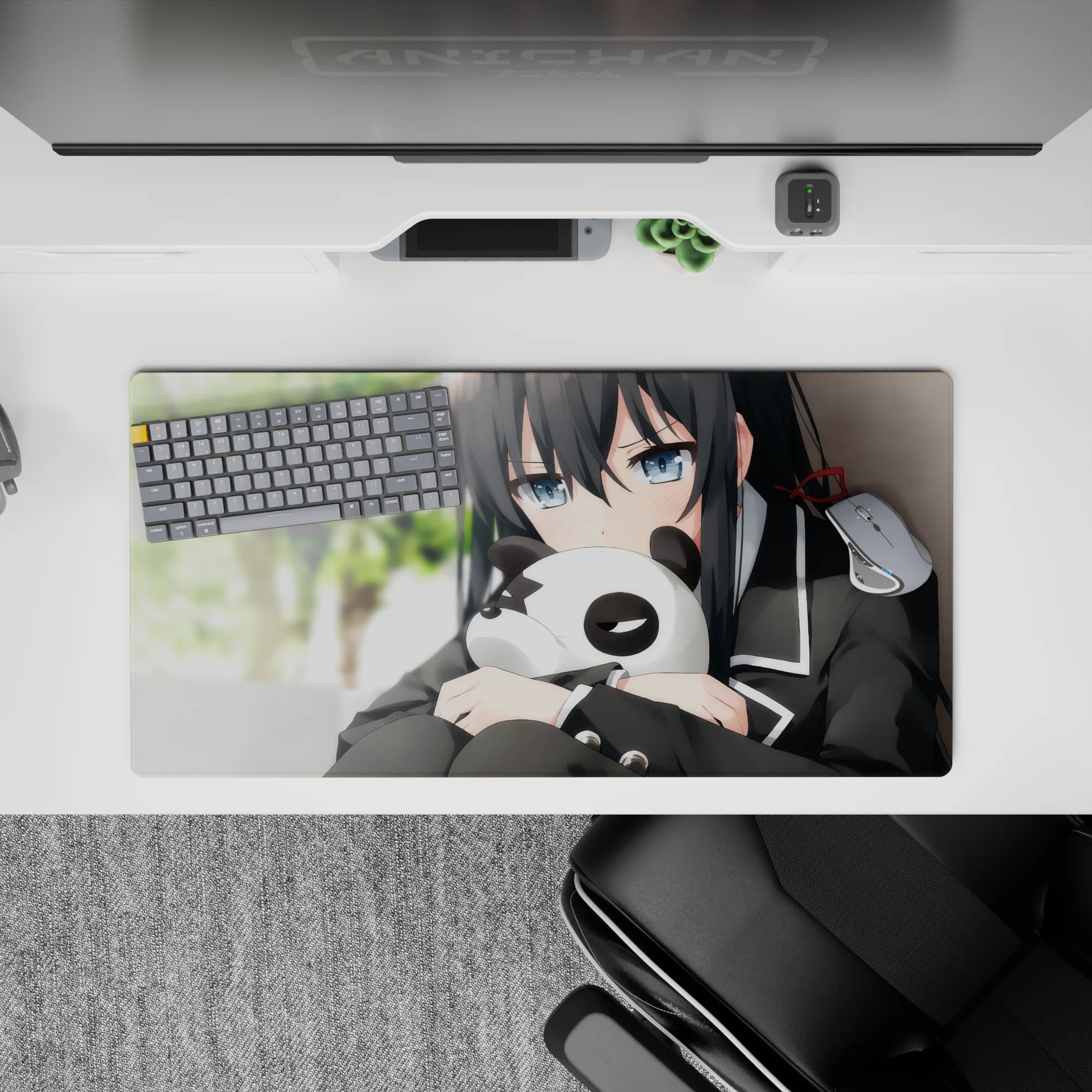 32x16 inches anime girl mouse pad in cozy muted greens with smooth shading, moody lighting, and glossy eyes.