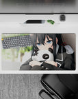 32x16 inches anime girl mouse pad in cozy muted greens with smooth shading, moody lighting, and glossy eyes.