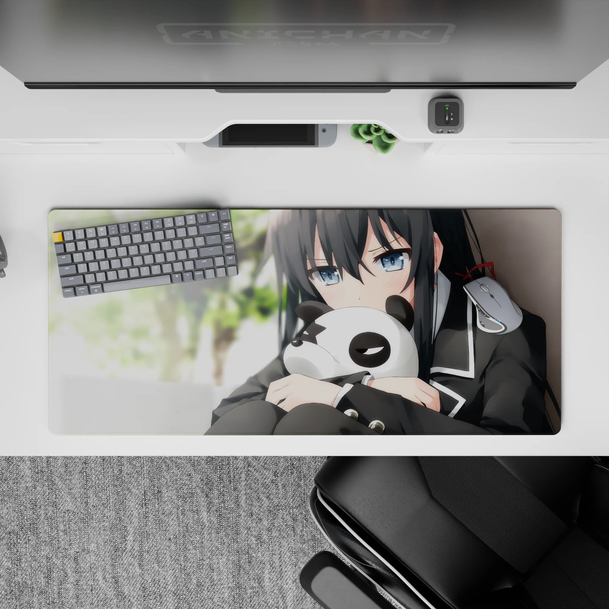Cozy green-toned anime desk pad 36x16 inches, glossy cool eyes and smooth shading for late-night vibes.