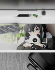 Cozy green-toned anime desk pad 36x16 inches, glossy cool eyes and smooth shading for late-night vibes.