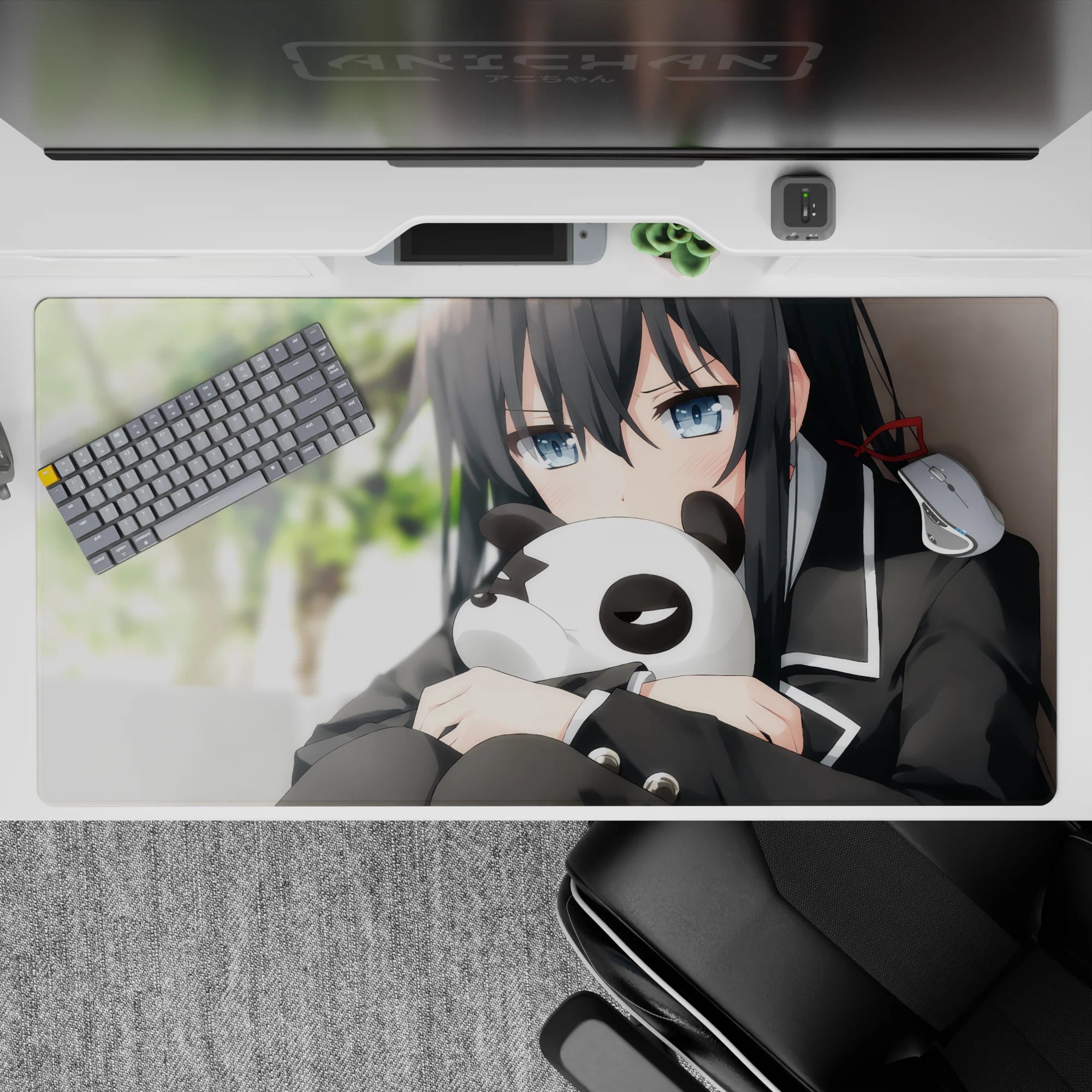 Cozy green-toned anime desk pad 40x20 inches with soft shading, moody vibe, and glossy eyes.