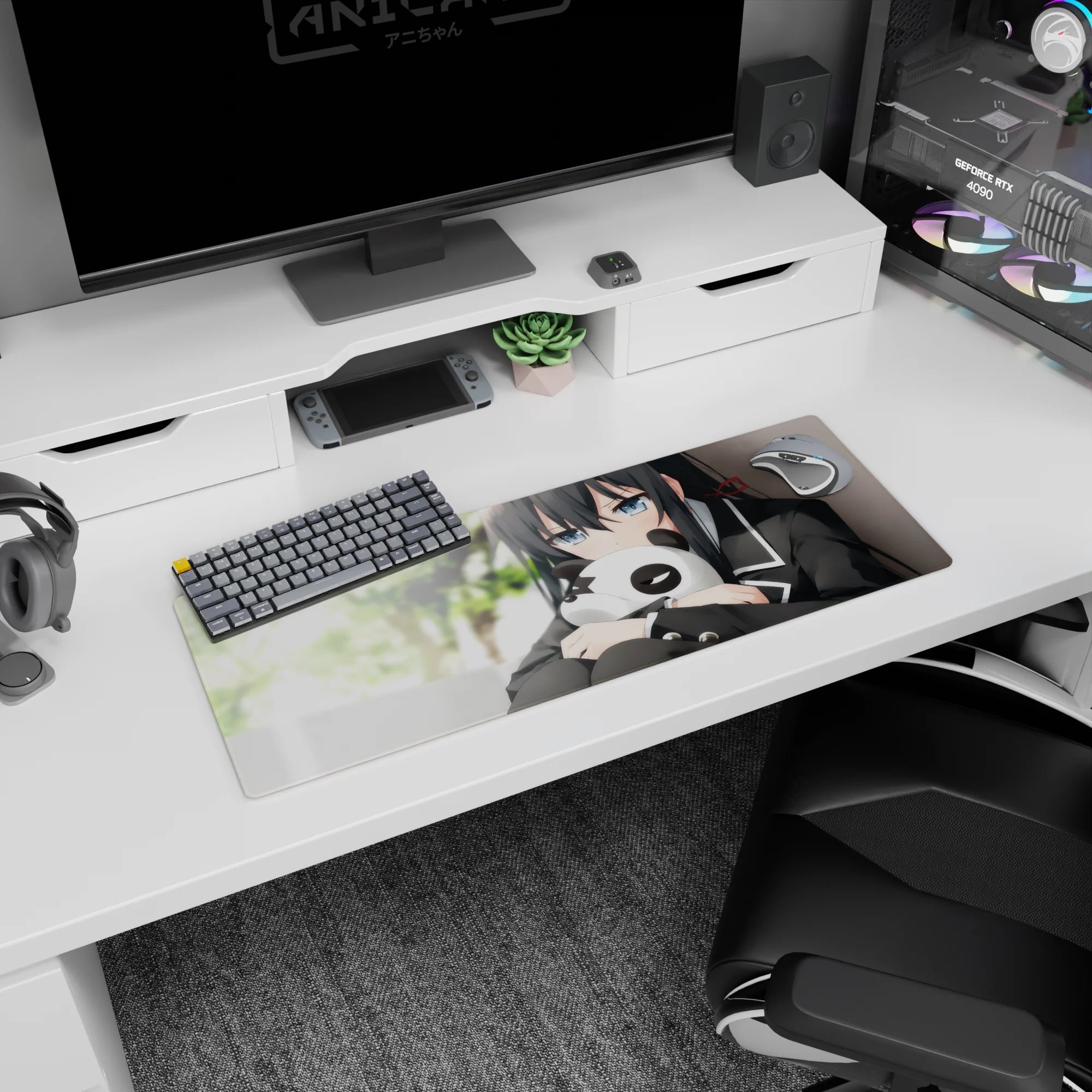 Shy anime schoolgirl hugging a panda plush on a 32x12 inches mouse pad, with blurred green background.