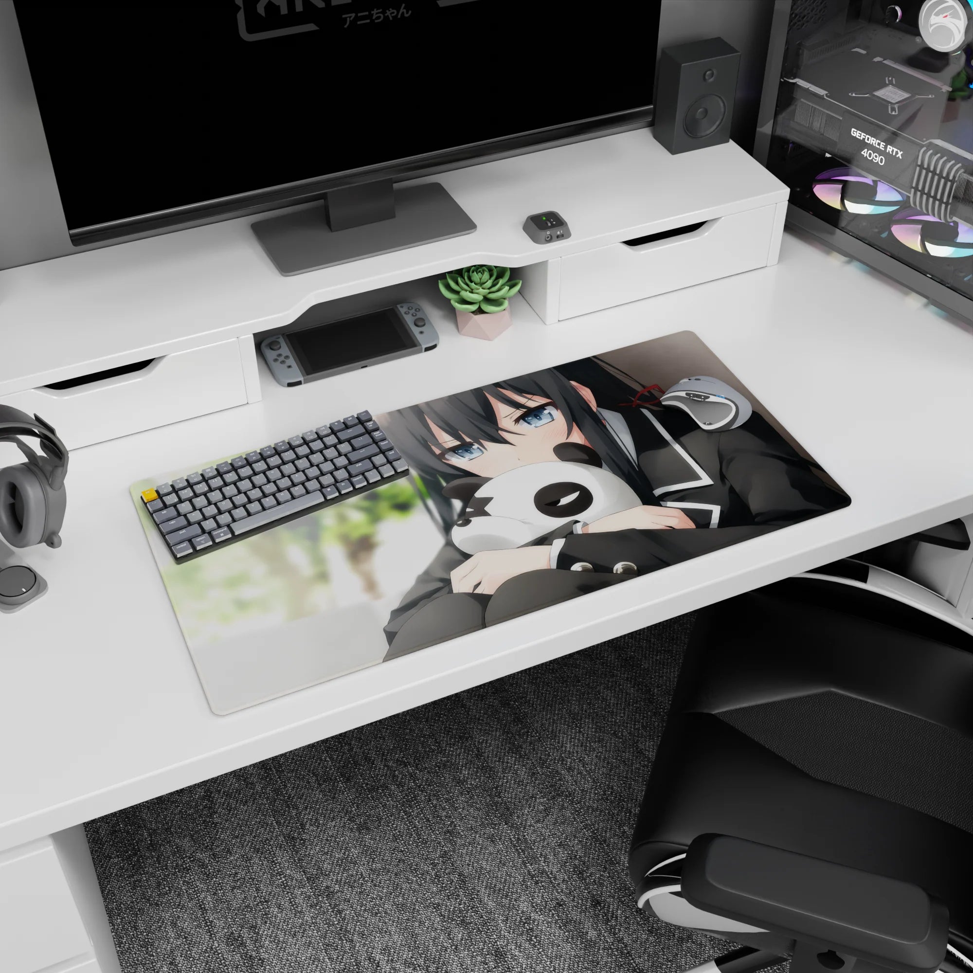 32x16 inches anime girl mouse pad showing an inky-haired schoolgirl hugging a panda plush, crisp uniform trim.