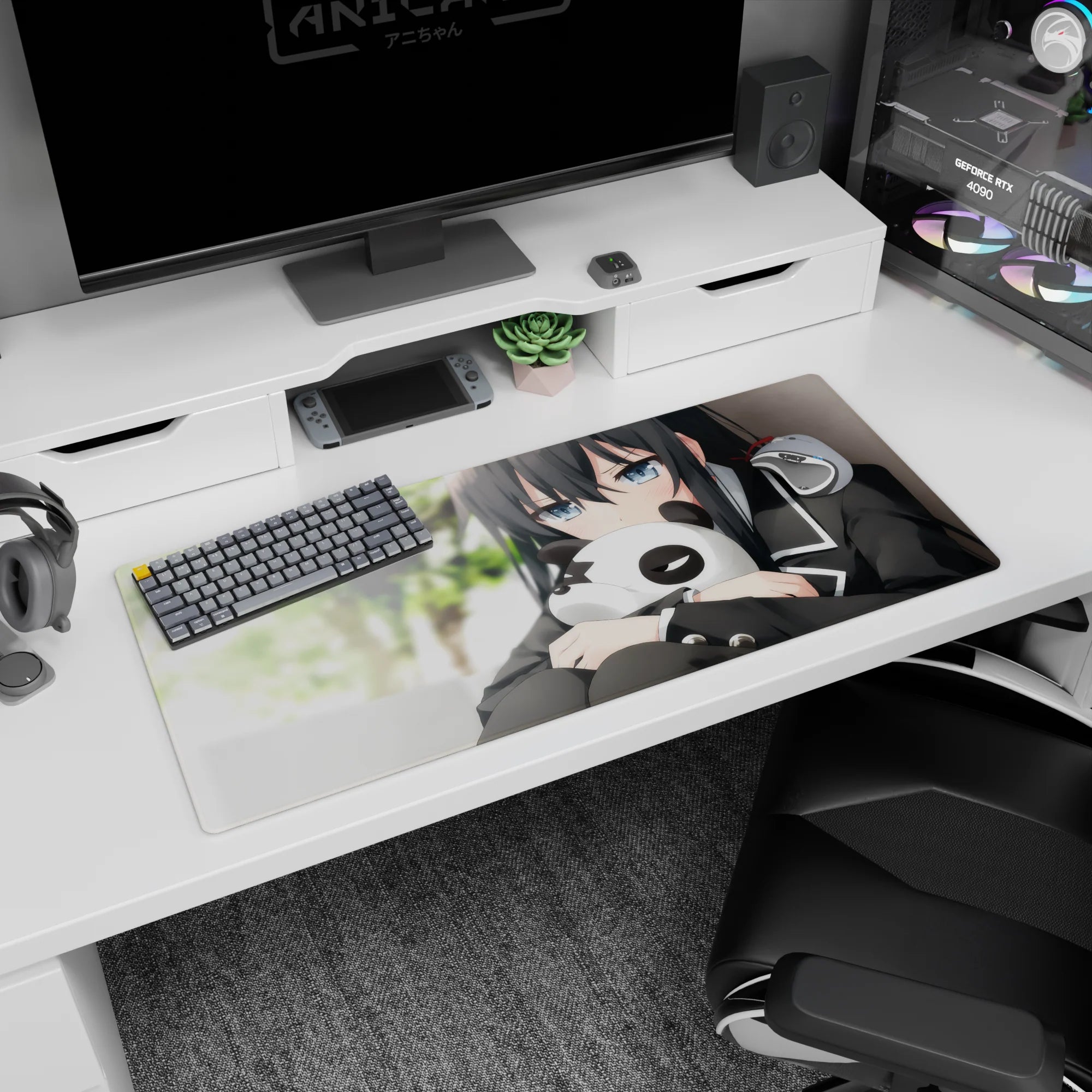 Anime girl holding a panda plush on a 36x16 inches desk pad, inky hair and crisp black school uniform.