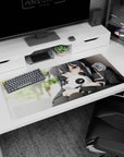 Anime girl holding a panda plush on a 36x16 inches desk pad, inky hair and crisp black school uniform.