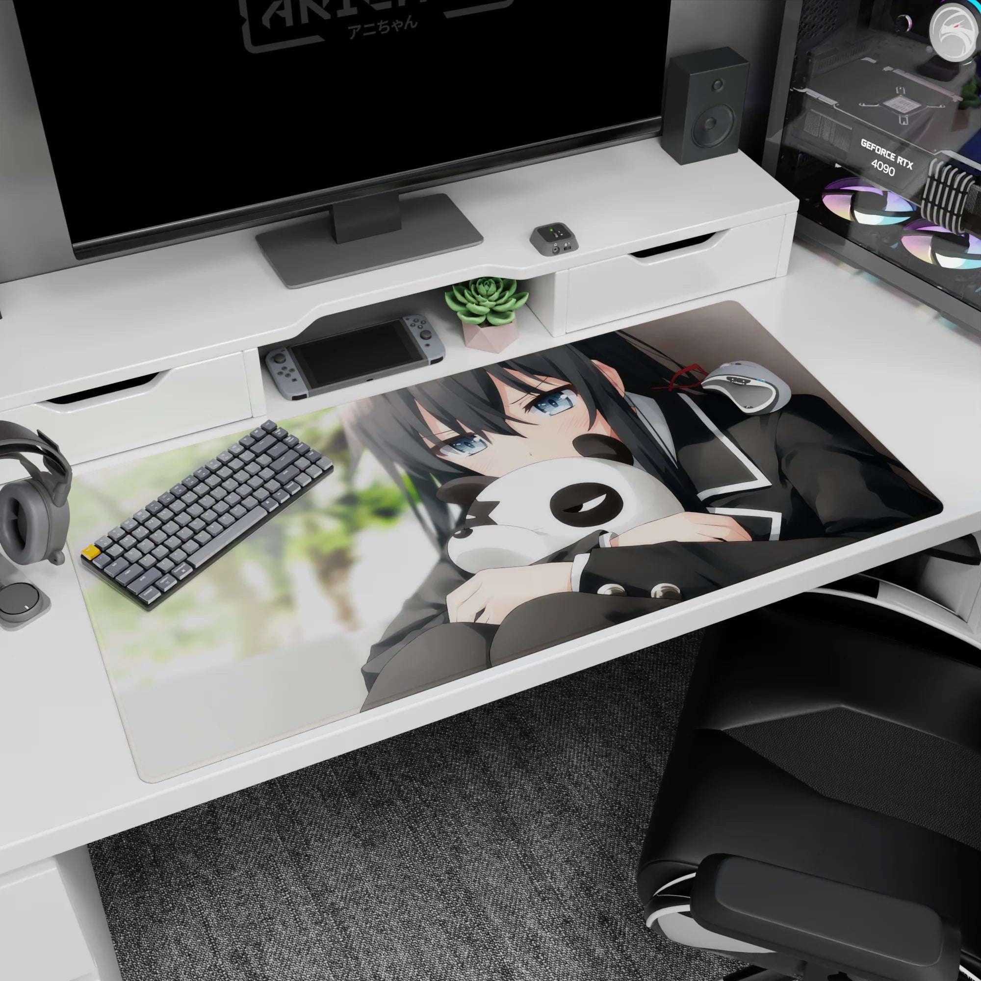 Shy anime schoolgirl hugging a panda plush on a 40x20 inches desk pad with blurred green background.