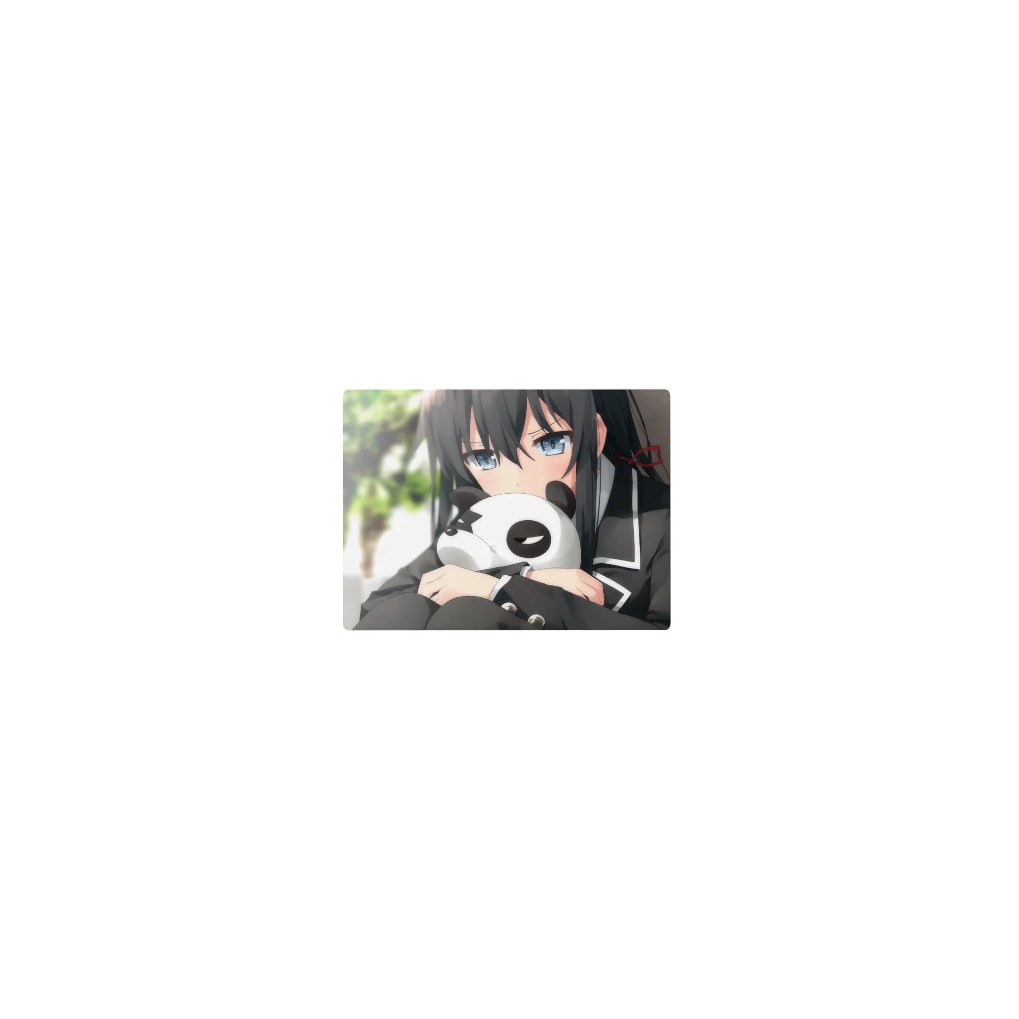 Classic anime girl mouse pad 14x10 inches with glossy eyes, black uniform trim, and panda plush.