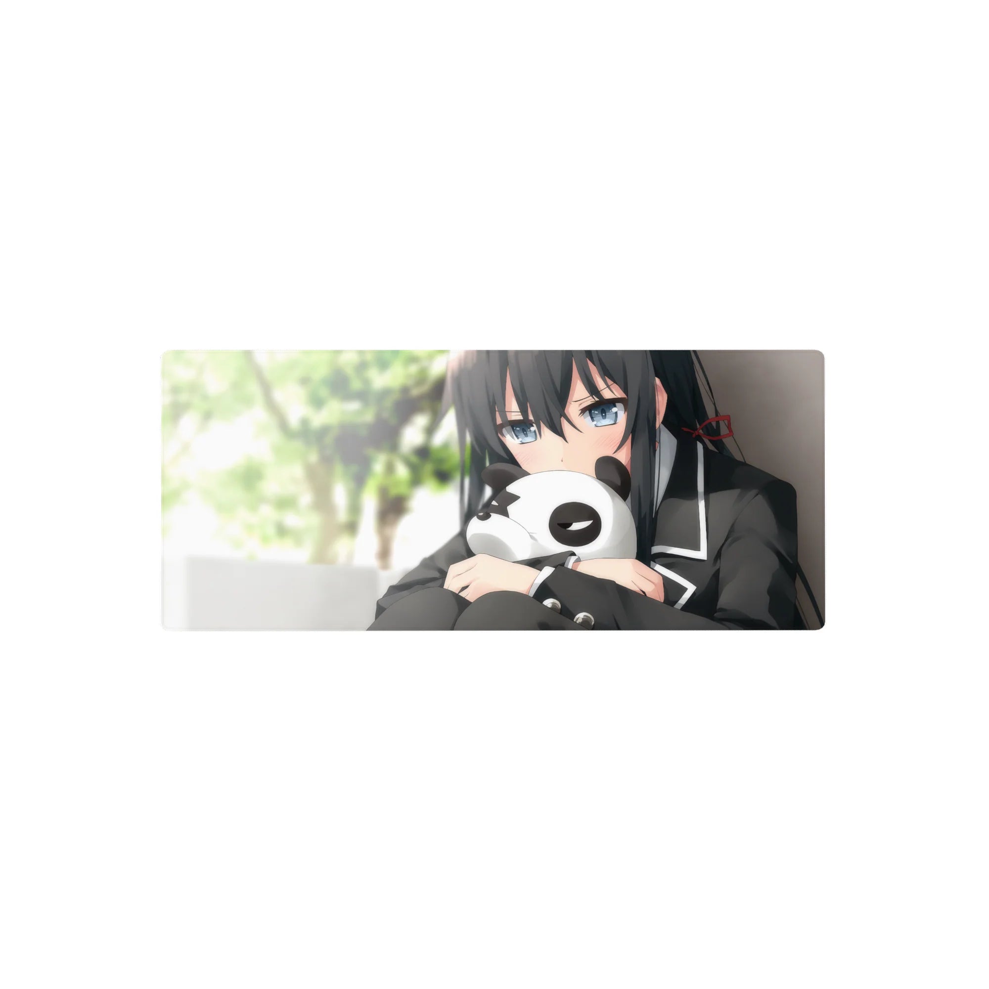 28x12 inches anime girl mouse pad with shy blue-gray eyes, black uniform with white trim, panda plush.