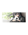 28x12 inches anime girl mouse pad with shy blue-gray eyes, black uniform with white trim, panda plush.