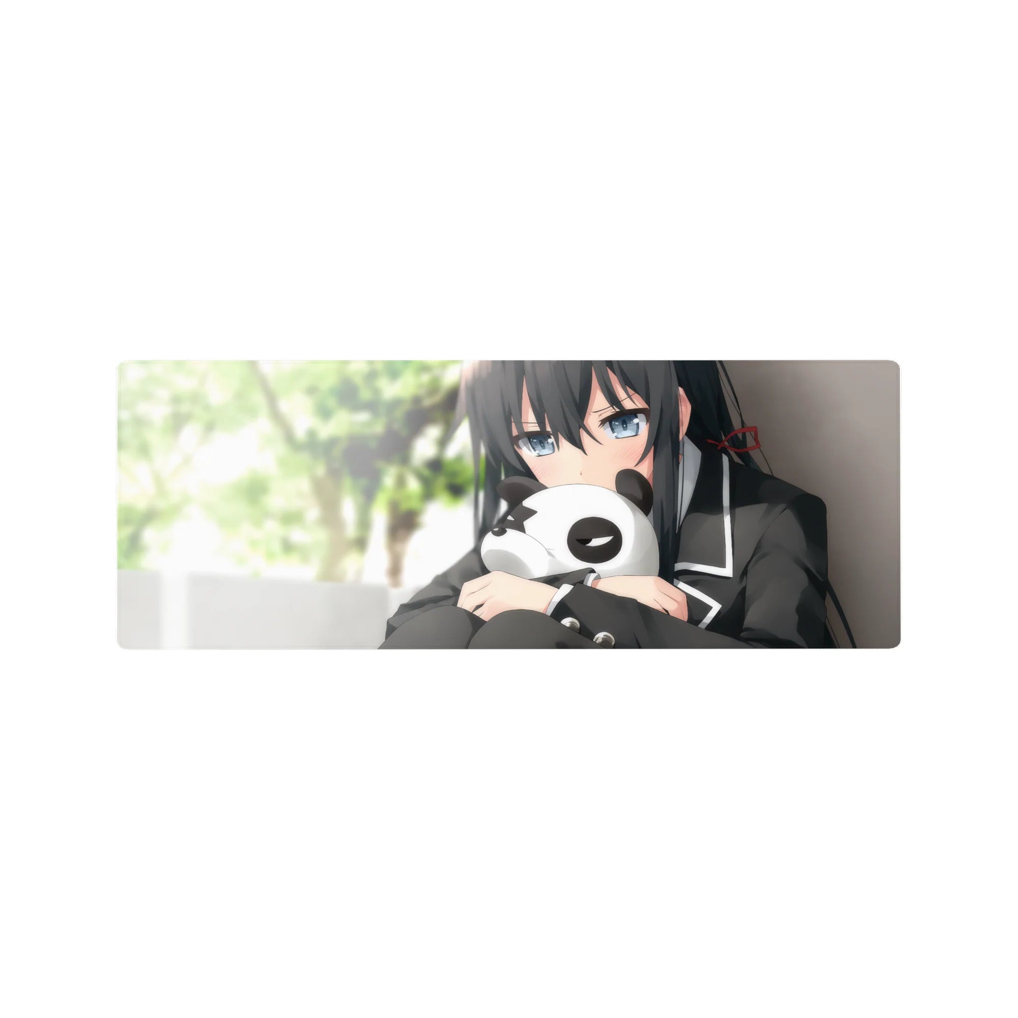 Anime girl mouse pad 32x12 inches with shy blue-gray eyes, black uniform trim, and panda plush design.