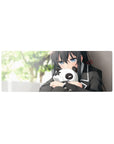 Anime girl mouse pad 32x12 inches with shy blue-gray eyes, black uniform trim, and panda plush design.