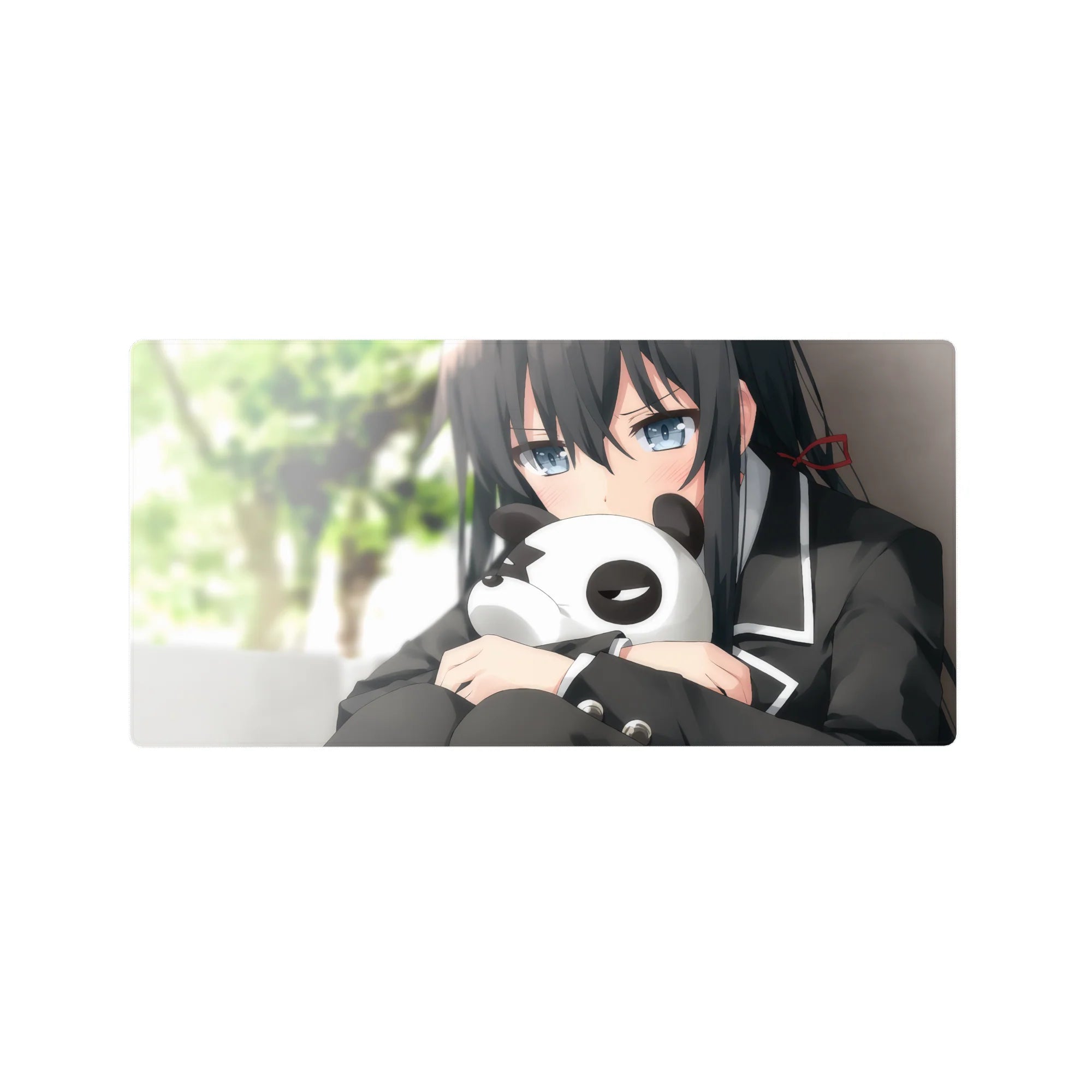 32x16 inches anime girl mouse pad with shy blue-gray eyes, black uniform, and panda plush on a green backdrop.
