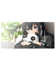 32x16 inches anime girl mouse pad with shy blue-gray eyes, black uniform, and panda plush on a green backdrop.