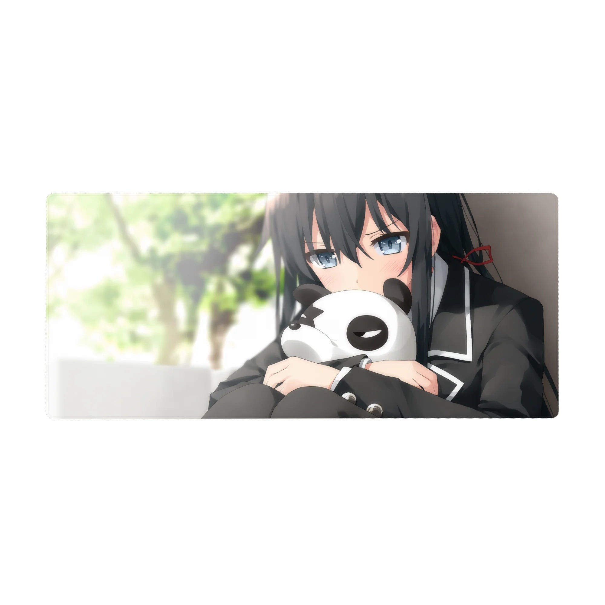 Anime girl desk pad 36x16 inches with shy blue-gray eyes, black uniform trim, and panda plush.
