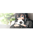 Anime girl desk pad 36x16 inches with shy blue-gray eyes, black uniform trim, and panda plush.