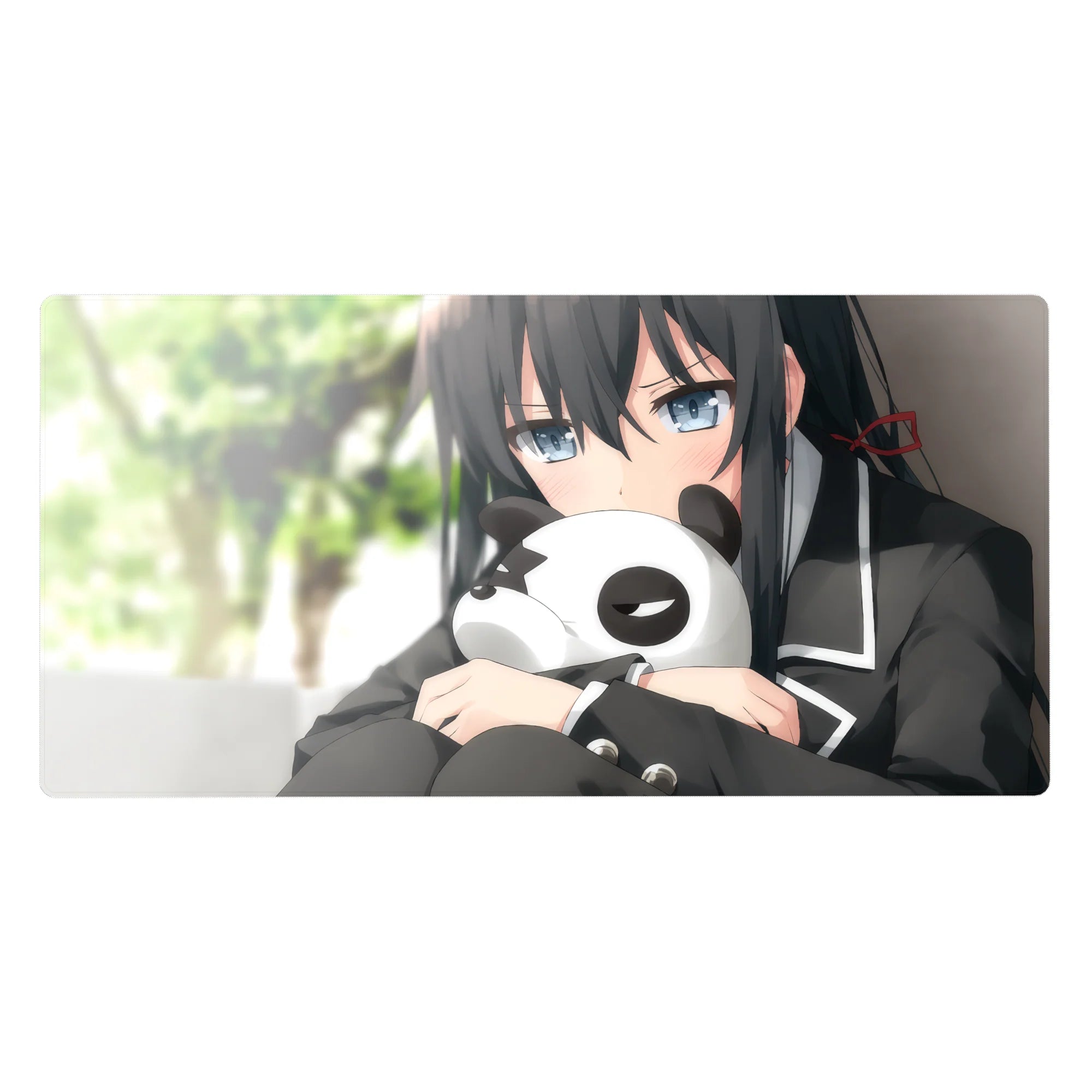 Anime girl desk pad 40x20 inches with shy blue-gray eyes, black uniform trim, and panda plush.