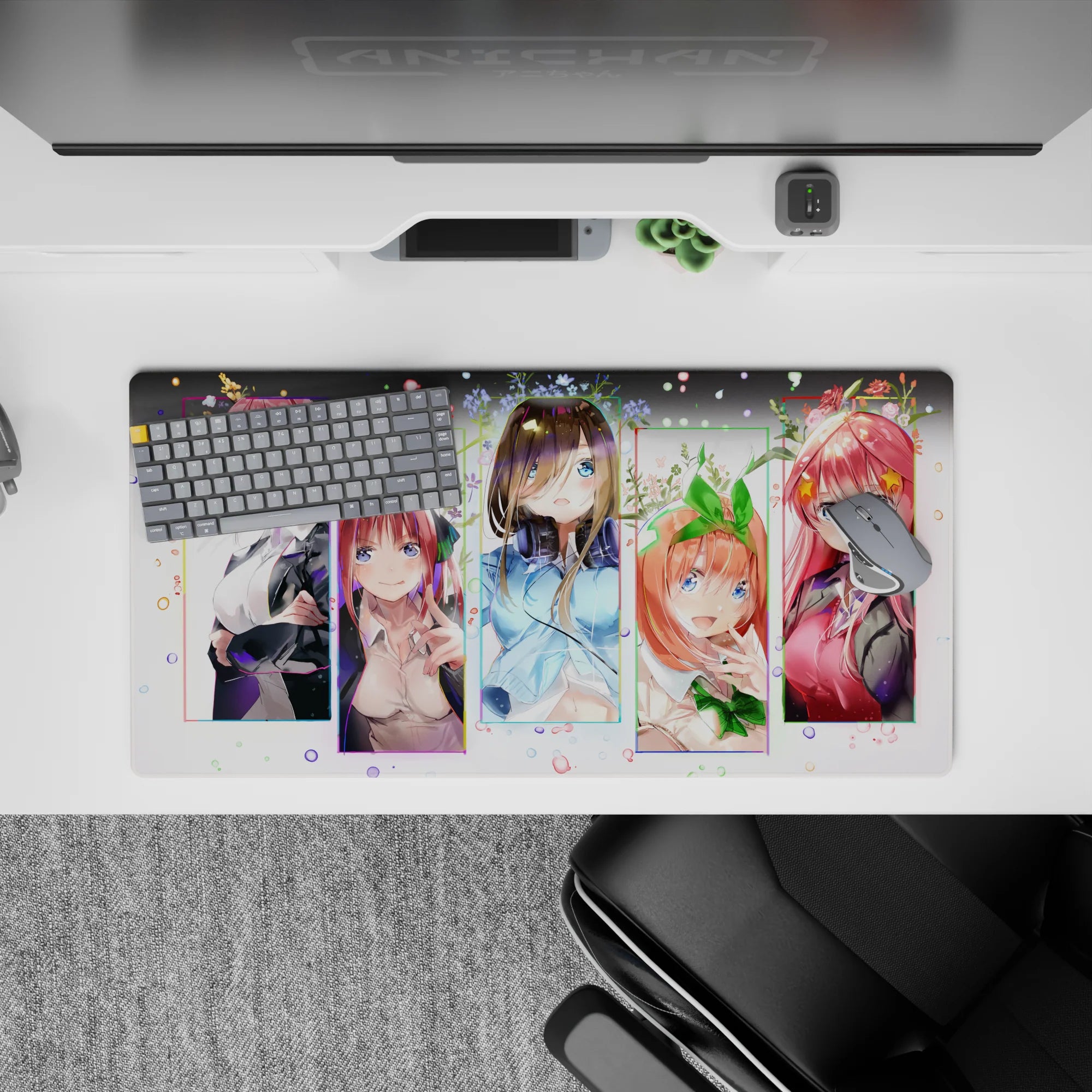 Pastel pink, mint, and crisp blue anime girl mouse pad with confetti and tiny florals, 32x16 inches.