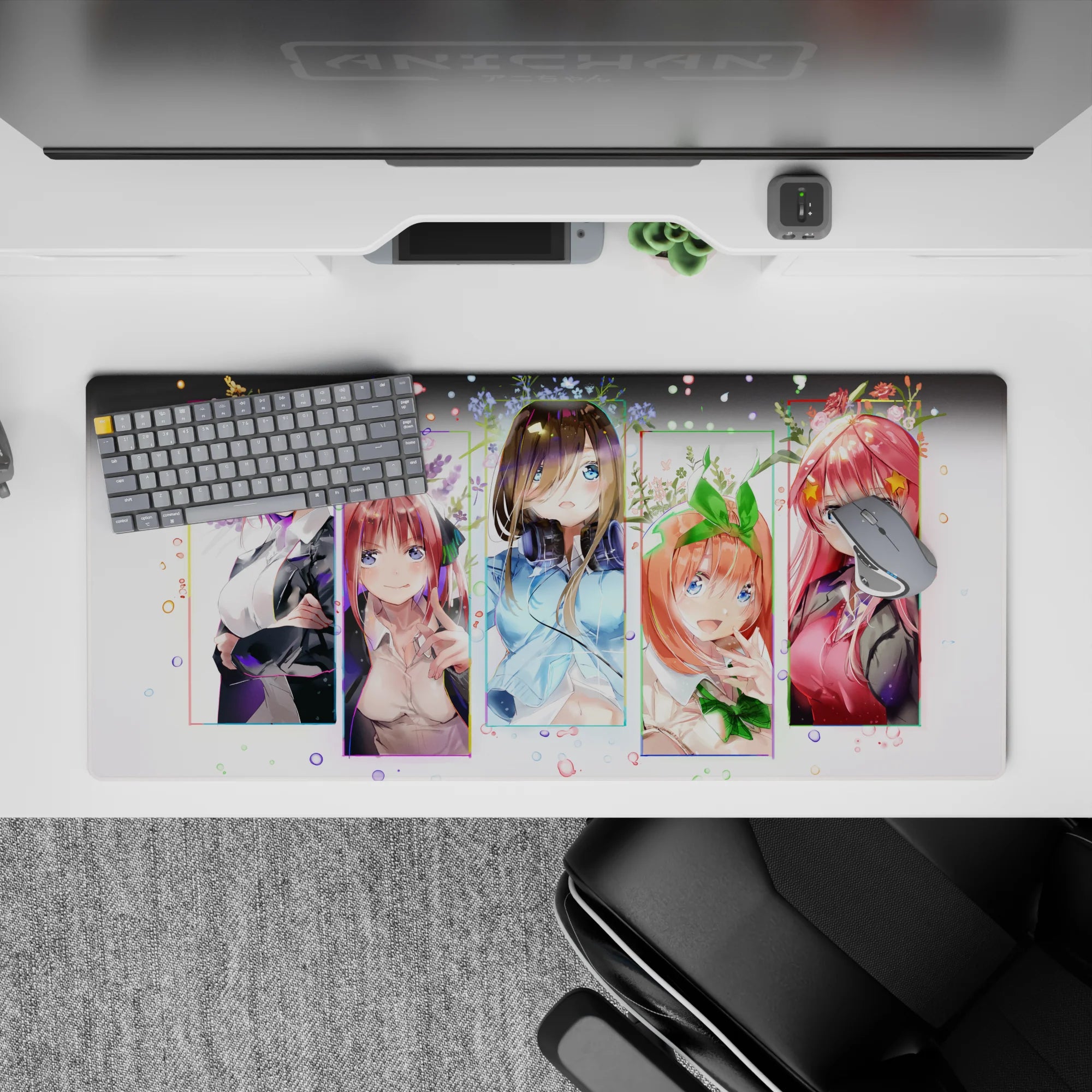 Pastel pink, mint, and crisp blue anime girl desk pad 36x16 inches, cute celebratory vibe.