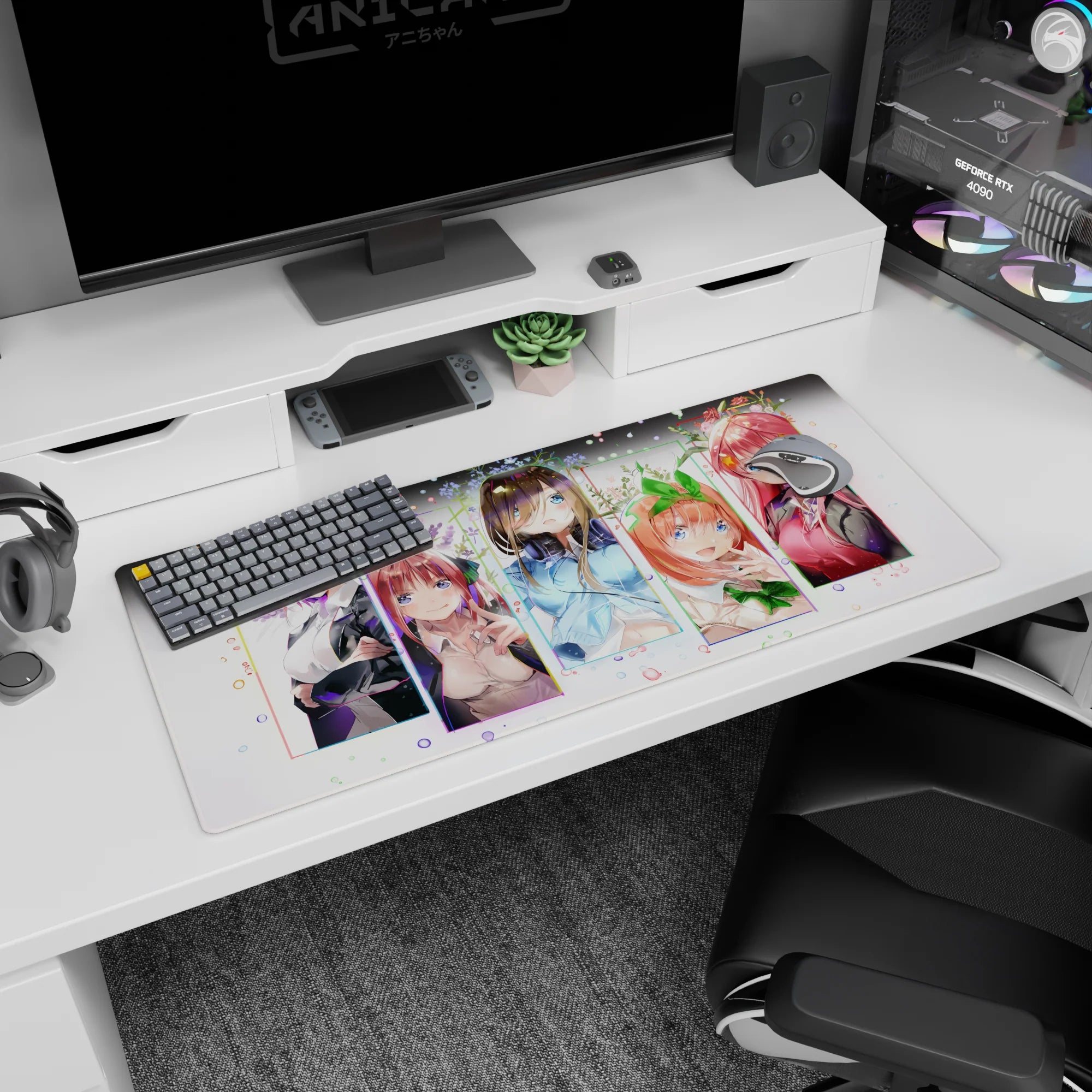 Ichika, Nino, Miku, Yotsuba &amp; Itsuki smiling anime desk pad 36x16 inches for a cozy setup.