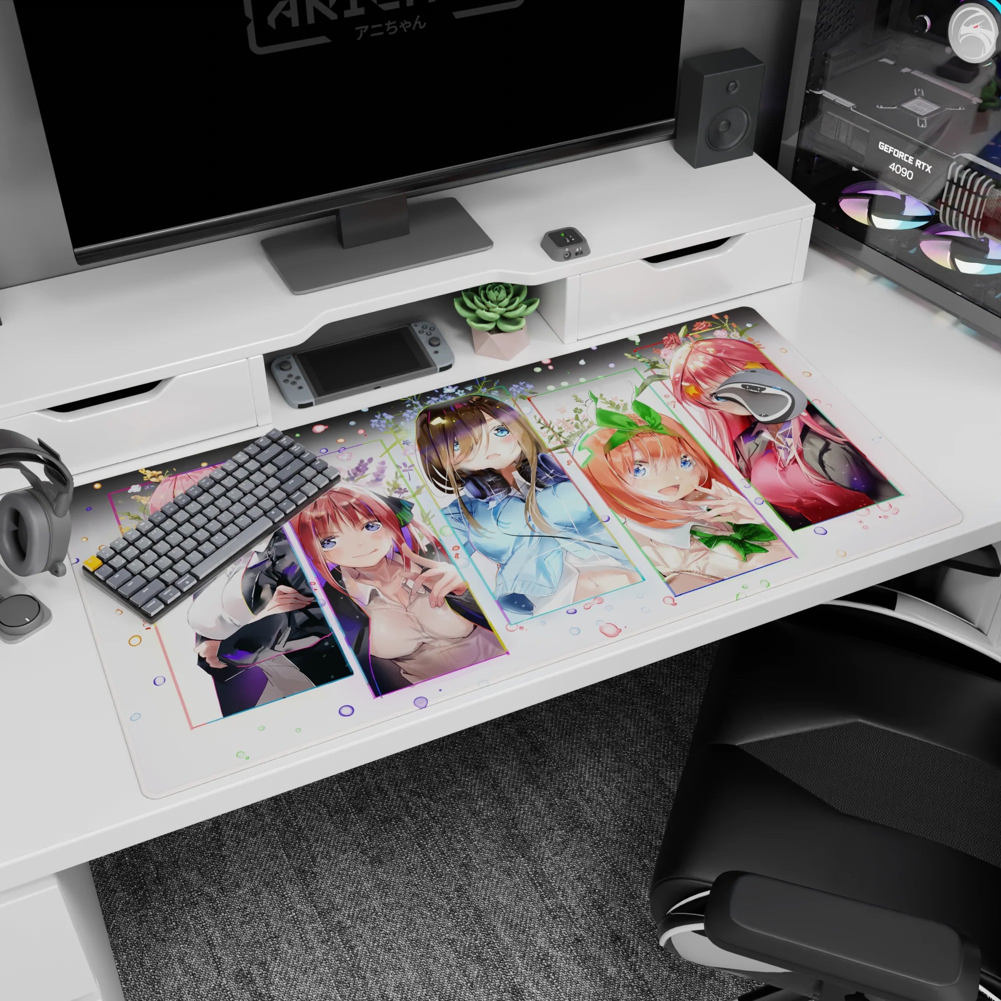 Ichika, Nino, Miku, Yotsuba, and Itsuki Nakano smiling anime desk pad scene, 40x20 inches.