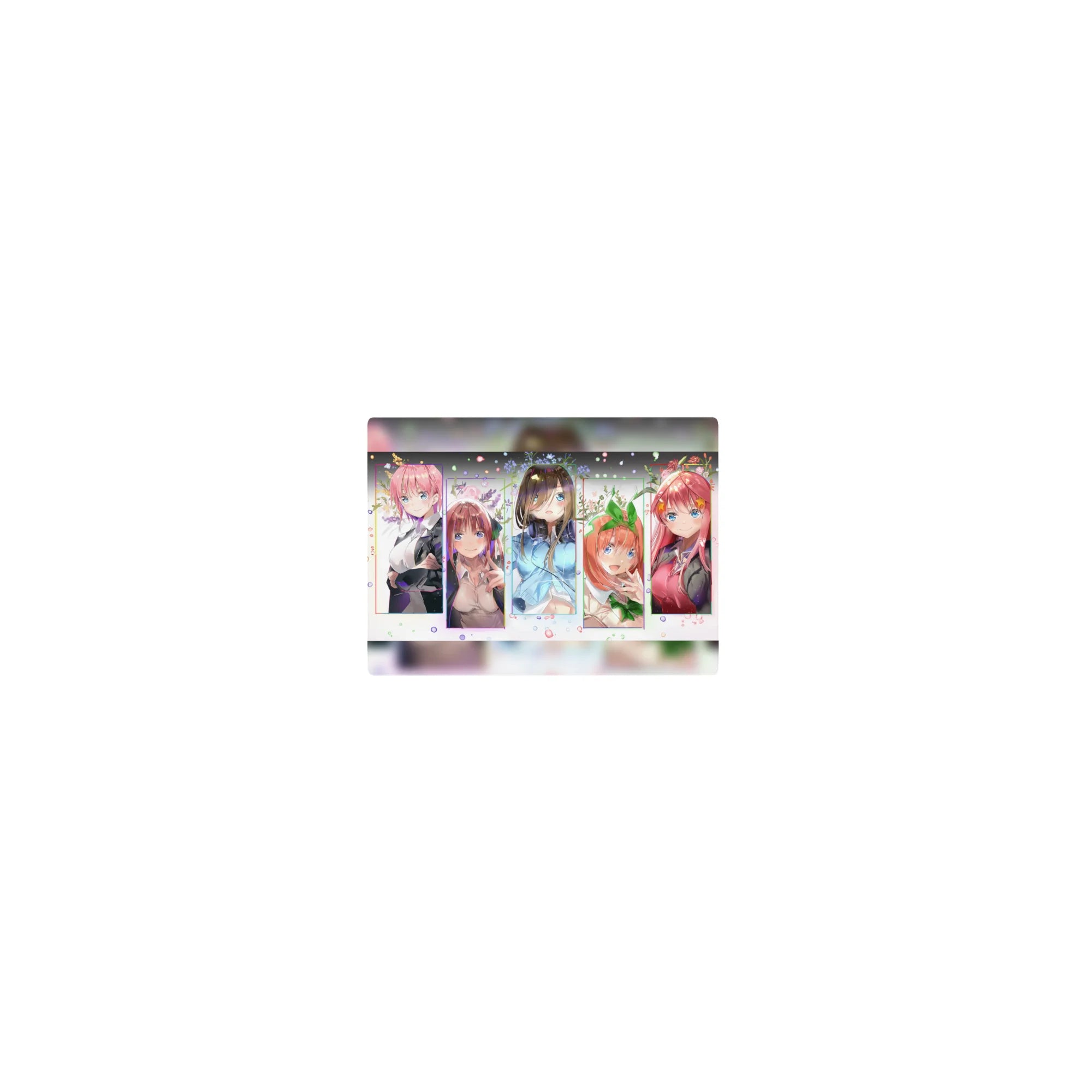 Classic anime girl mouse pad 14x10 inches with five smiling sisters, frame blocks, confetti and florals.