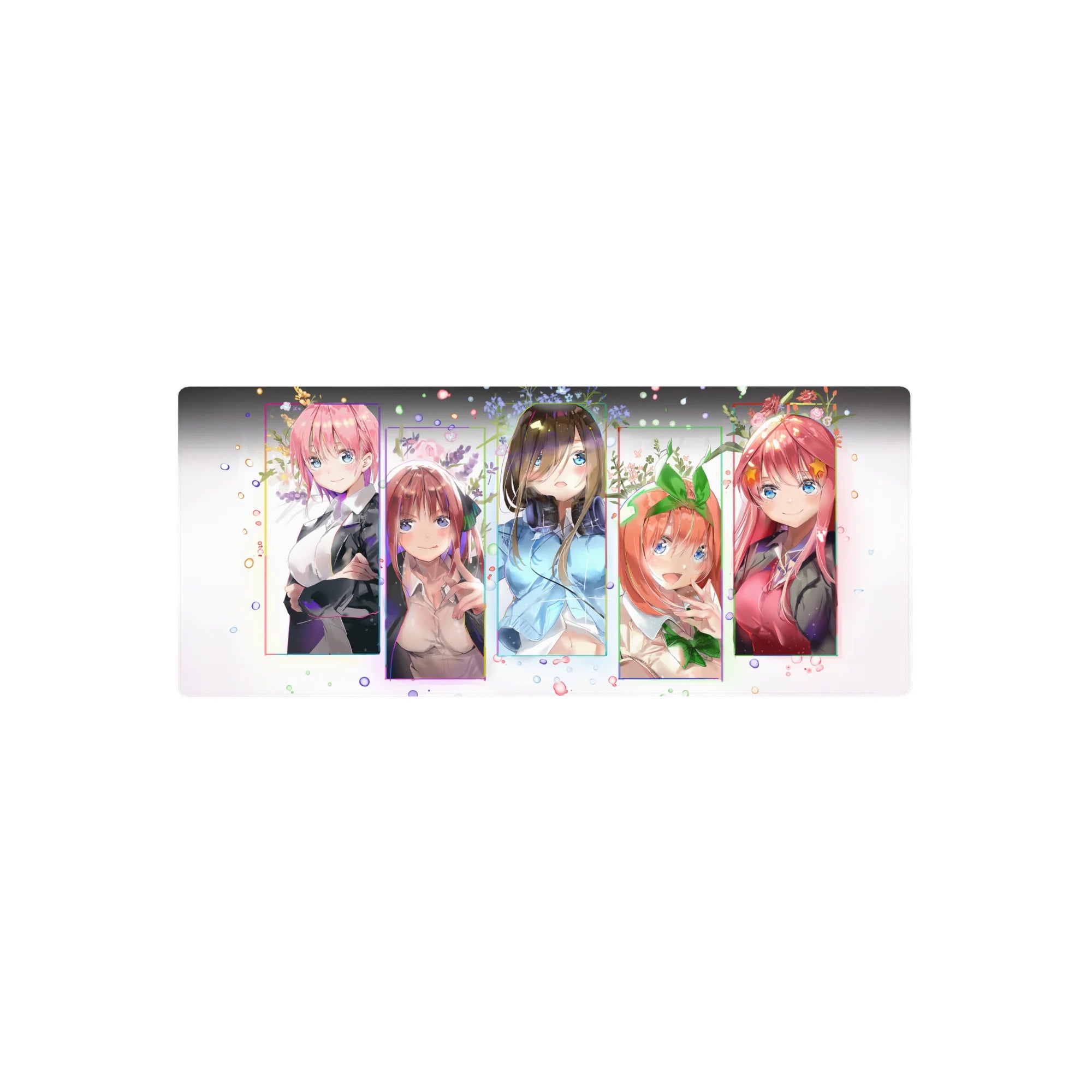 Quintessential Quintuplets anime girl mouse pad 28x12 inches with the Nakano sisters in frame blocks.