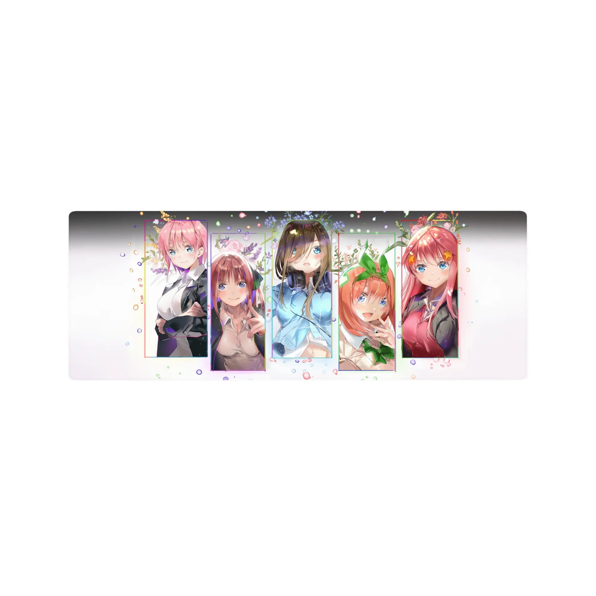 Quintessential Quintuplets anime girl mouse pad, framed blocks with Nakano sisters, 32x12 inches.