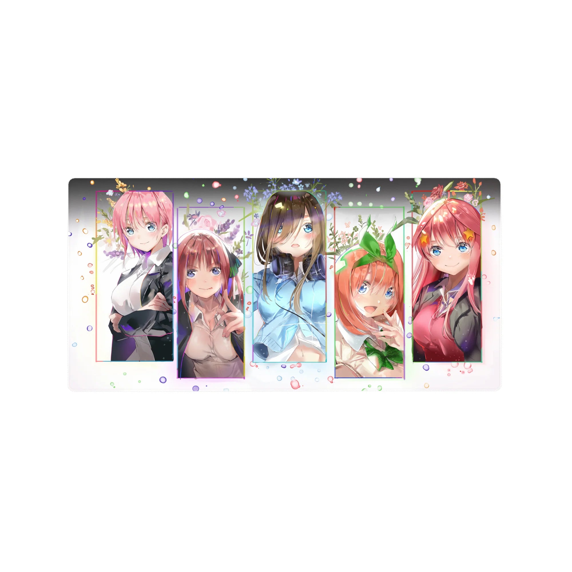 Quintessential Quintuplets anime girl mouse pad with all five Nakano sisters, 32x16 inches.