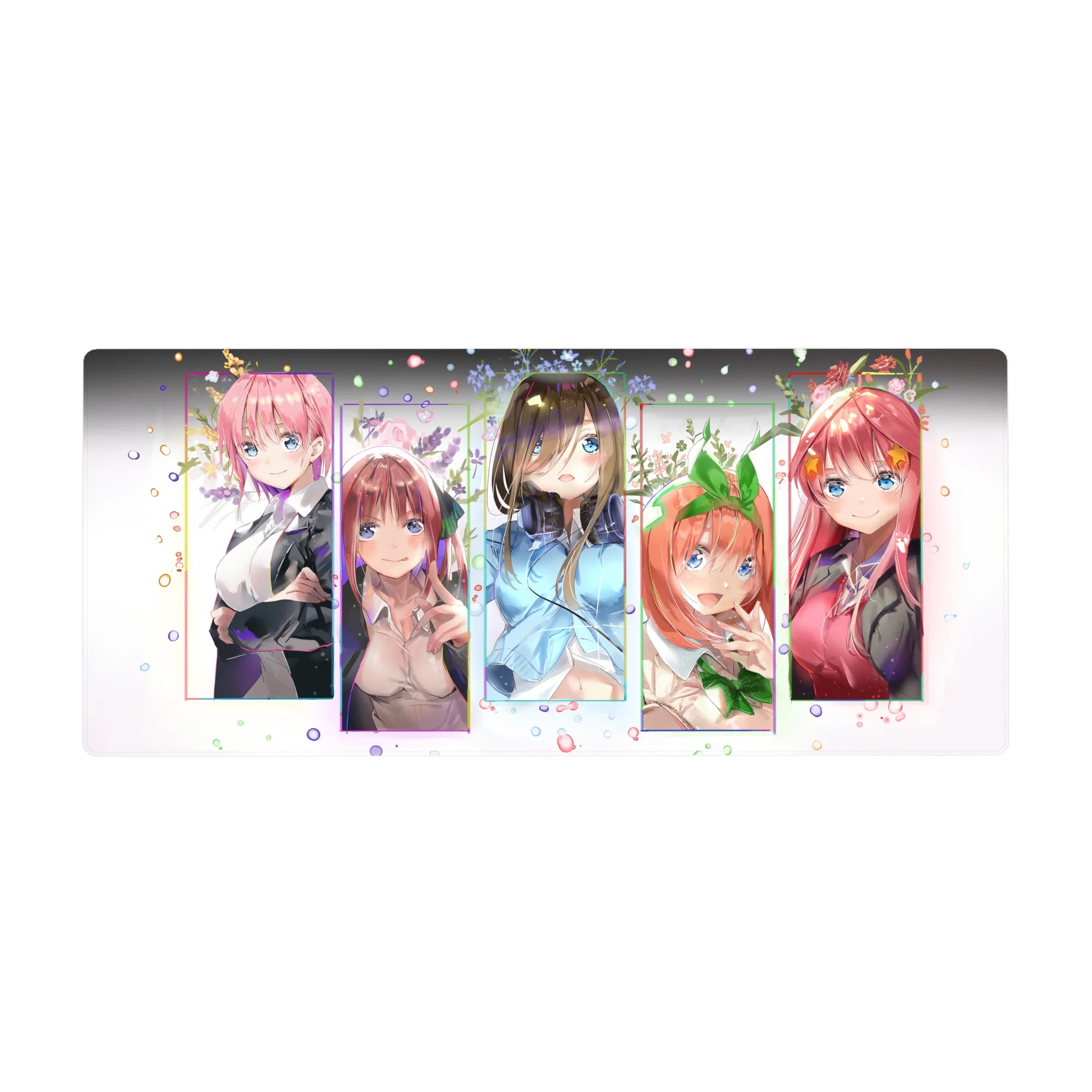 Quintessential Quintuplets anime girl desk pad 36x16 inches with framed sisters, confetti, florals.