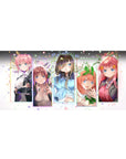 Quintessential Quintuplets anime girl desk pad 36x16 inches with framed sisters, confetti, florals.
