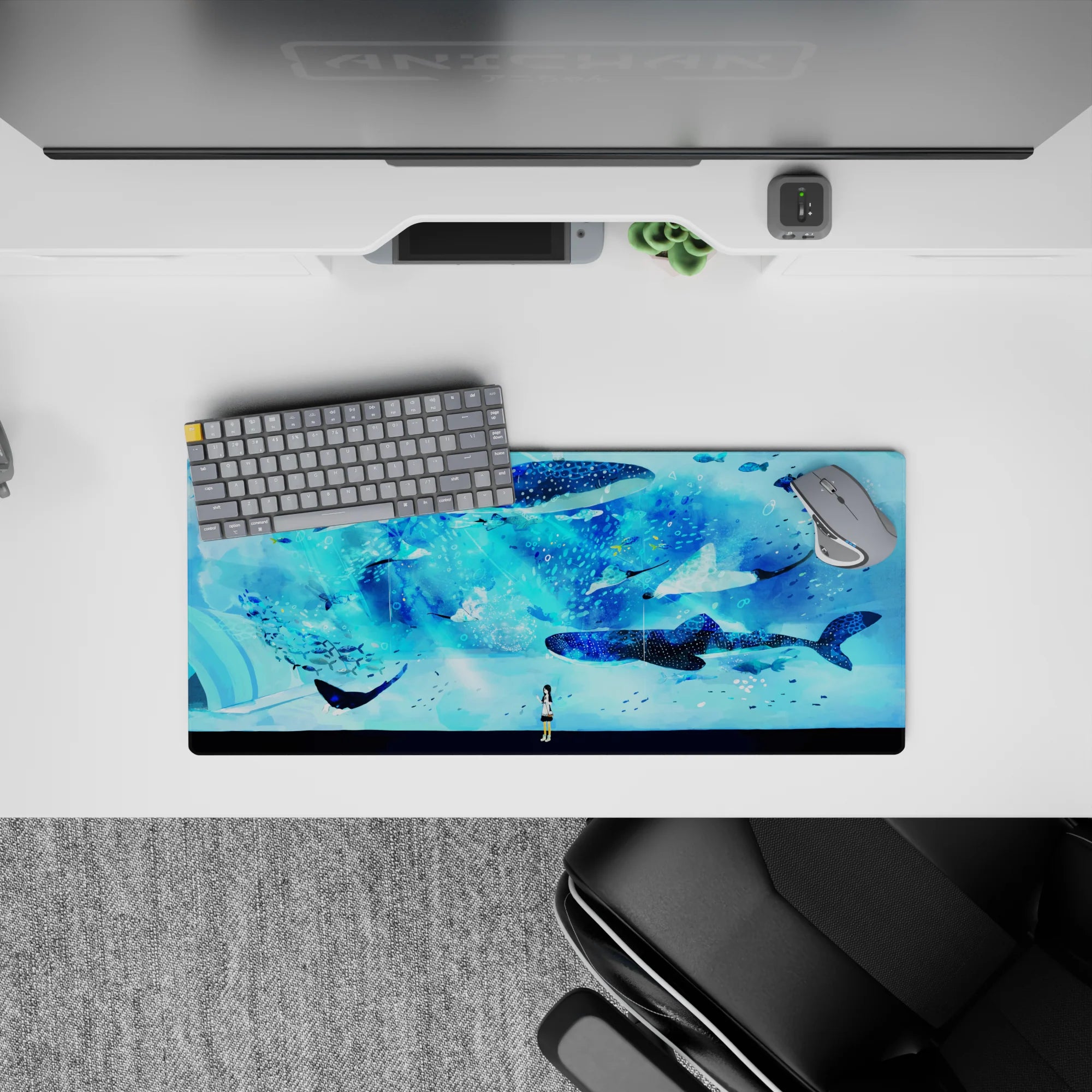 28x12 inches anime desk mat in deep blues and aqua mist, calm wonder vibe with speckled whale sharks.